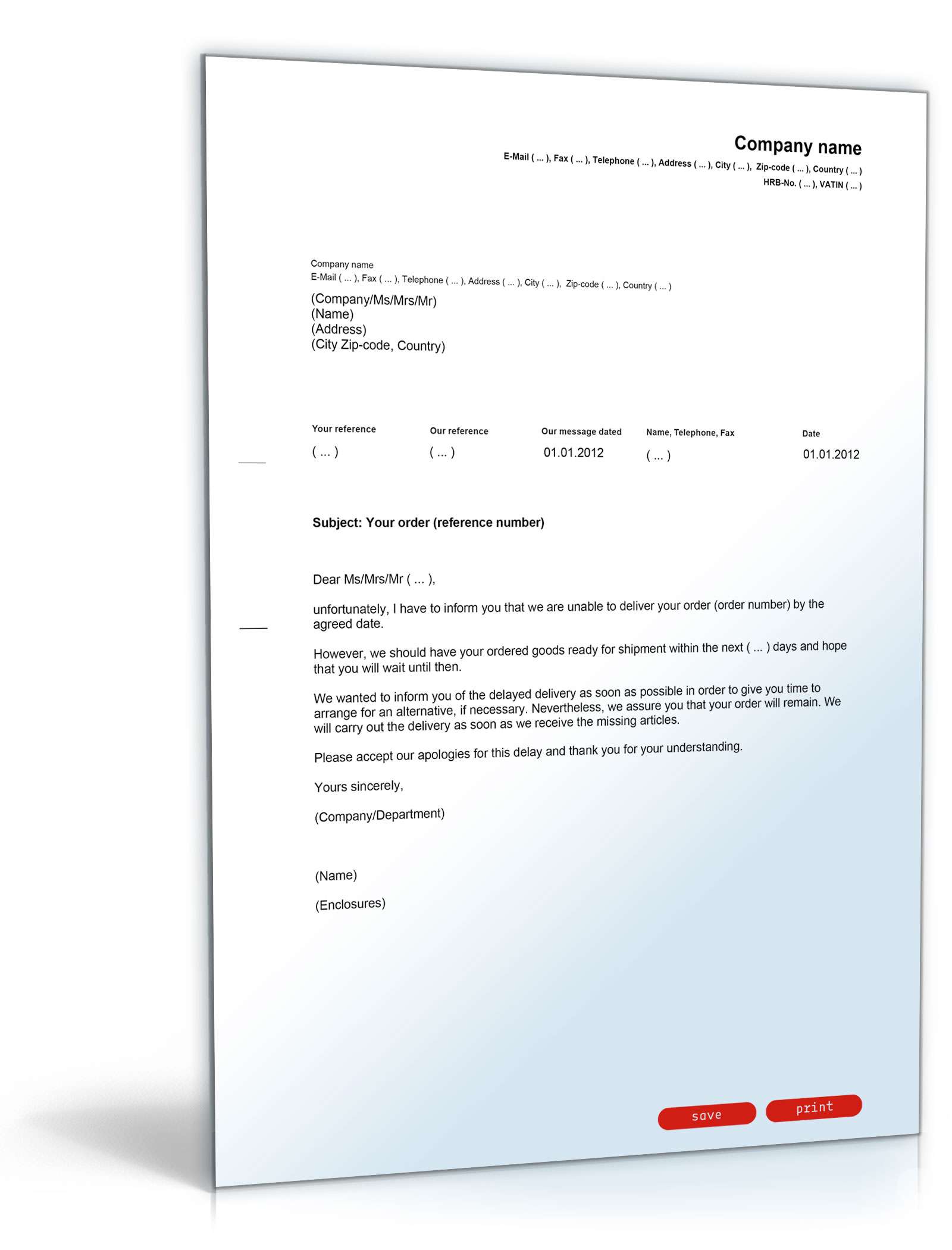Entschuldigung wegen verspäteter Lieferung (englisch/deutsch) PDF