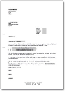 Abmahnung wegen Unterschreitens der Arbeitszeit Word