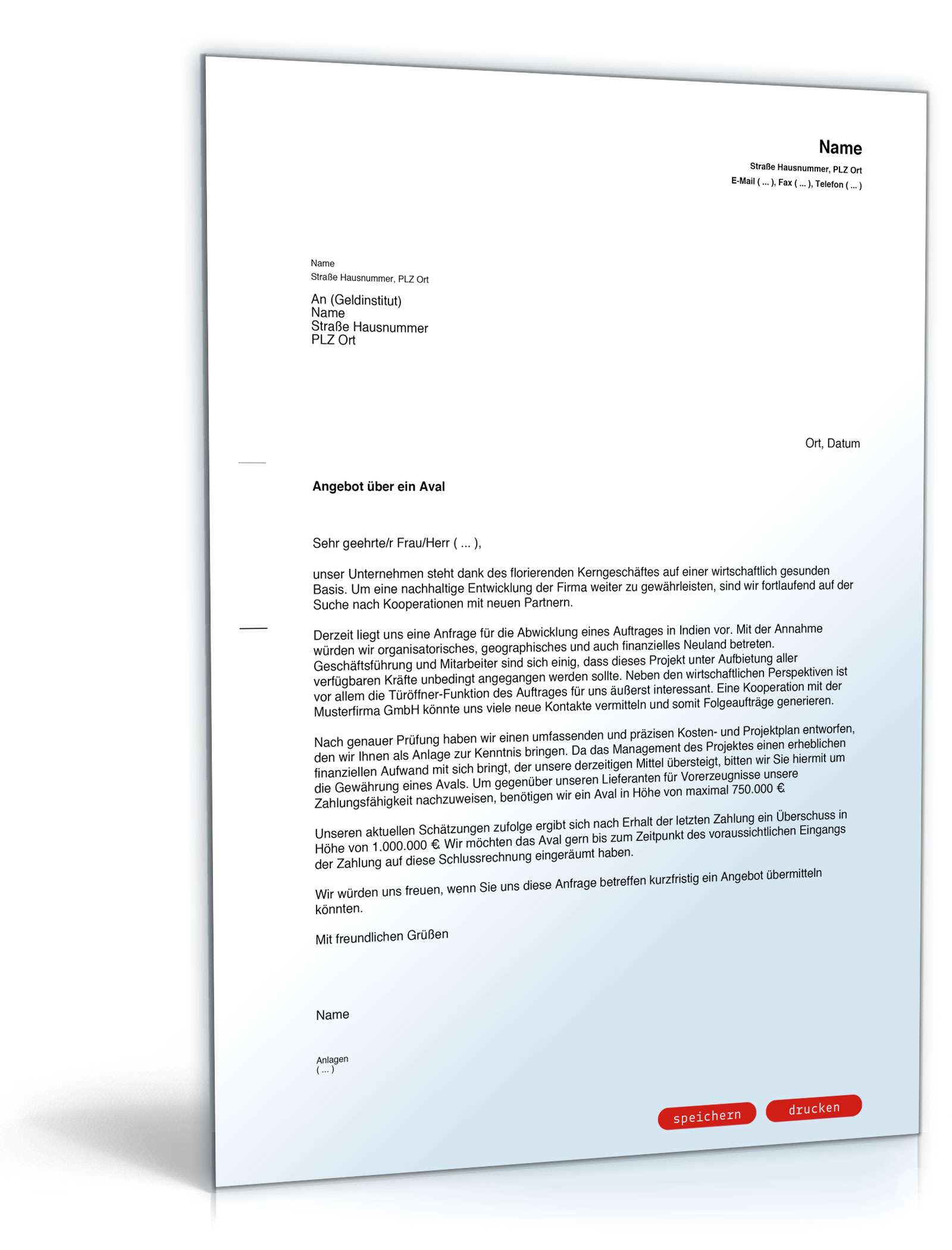 Anfrage an die Bank nach einem Aval PDF