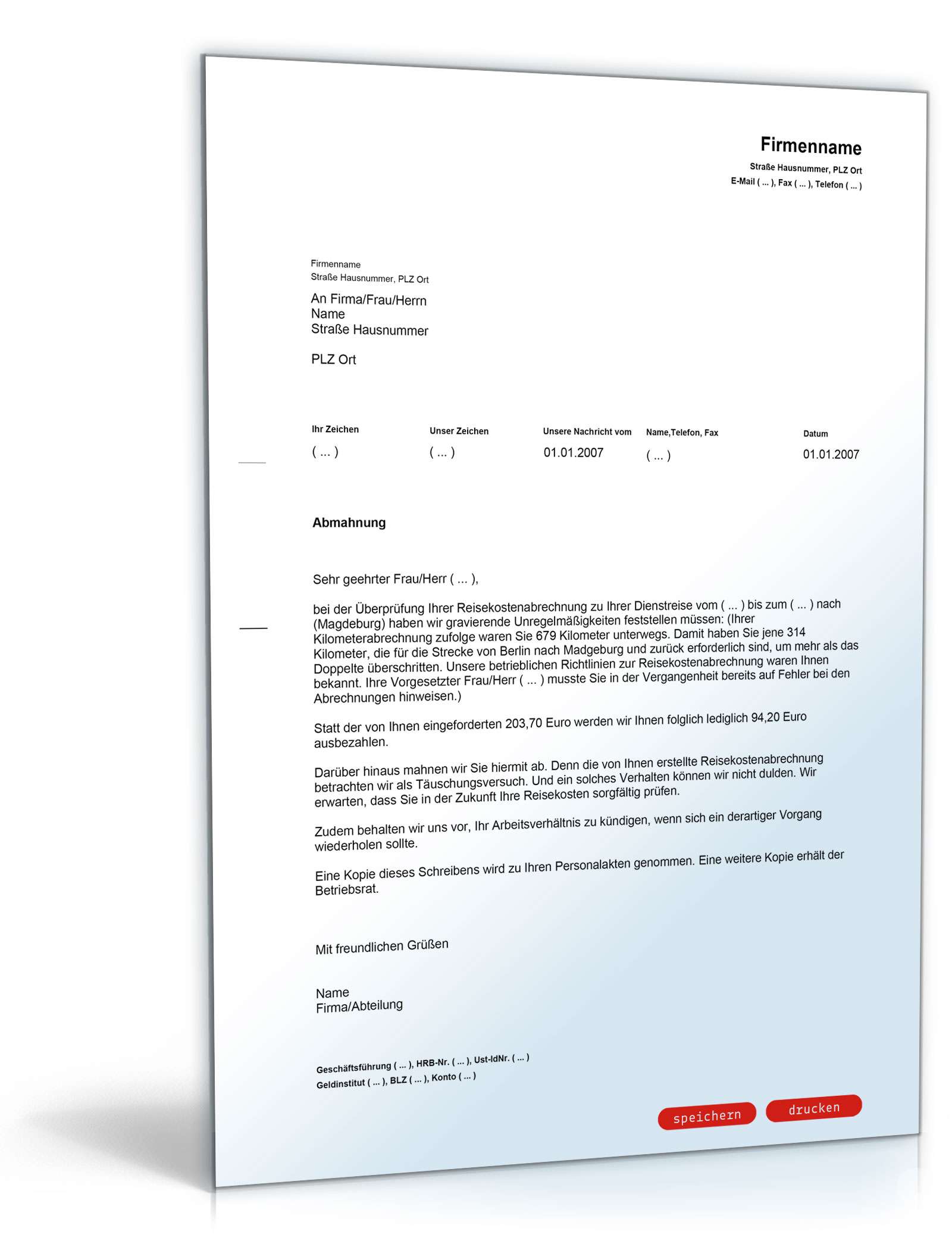 Abmahnung wegen falscher Reisekostenabrechnung PDF