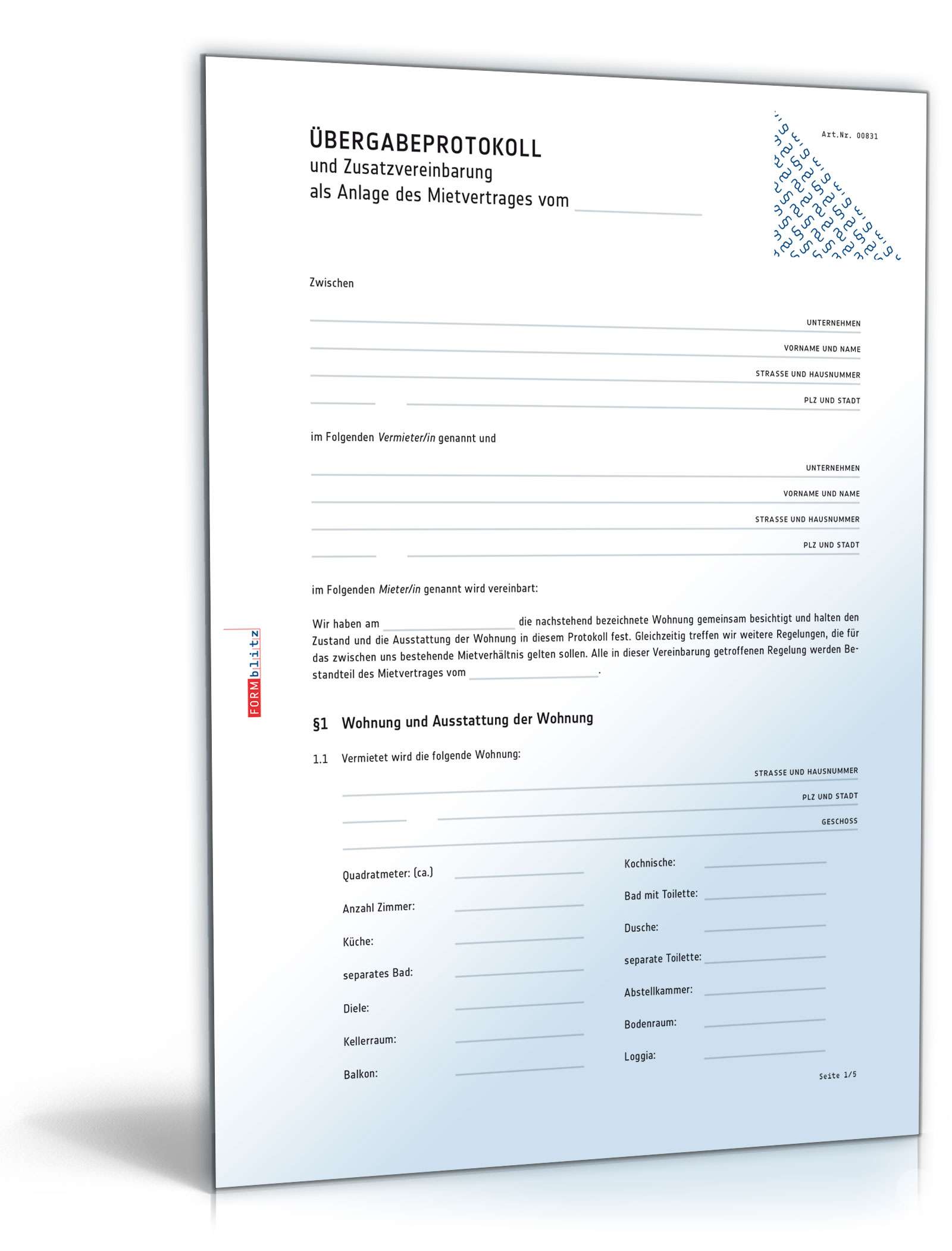 Übergabeprotokoll einer Mietsache mit Zusatzvereinbarung PDF