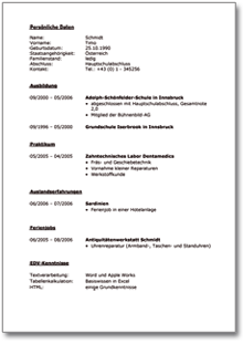 Lebenslauf Ausbildungsplatz Word
