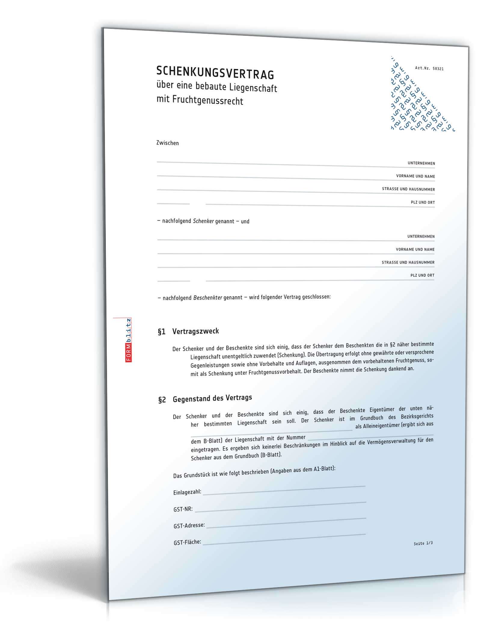 Schenkungsvertrag über eine bebaute Liegenschaft mit Fruchtgenuss PDF