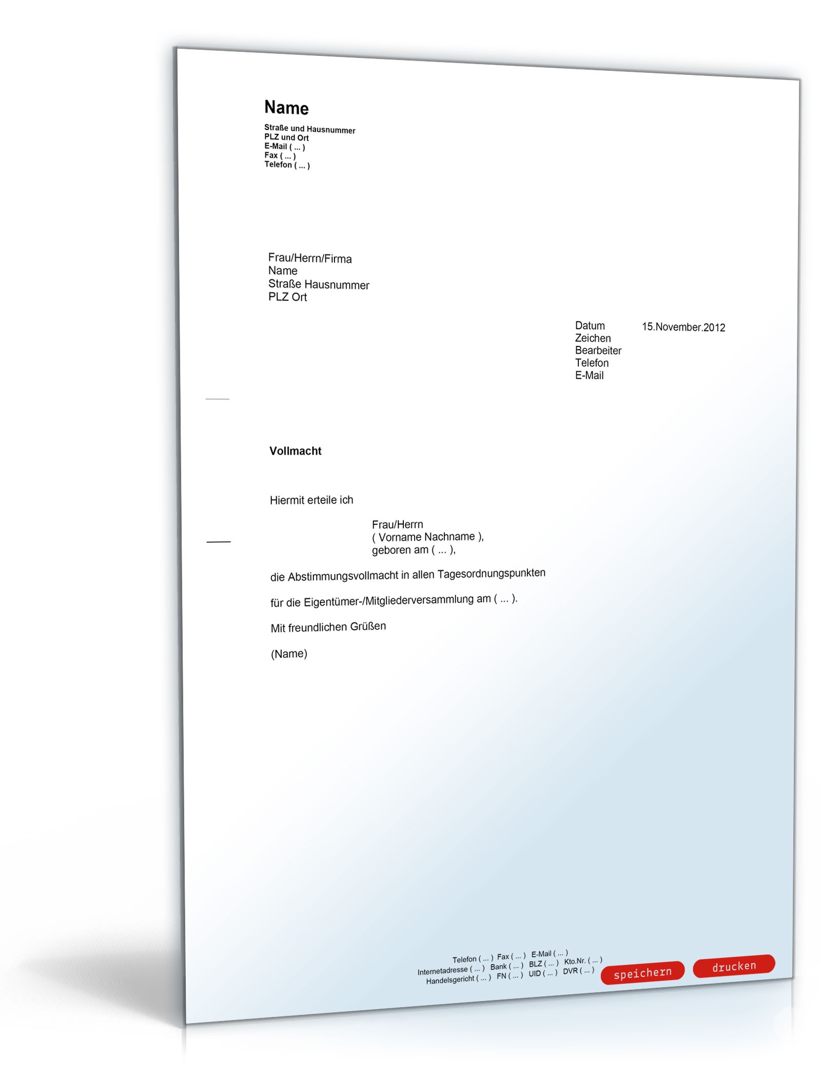 Vollmacht für eine Eigentümerversammlung PDF