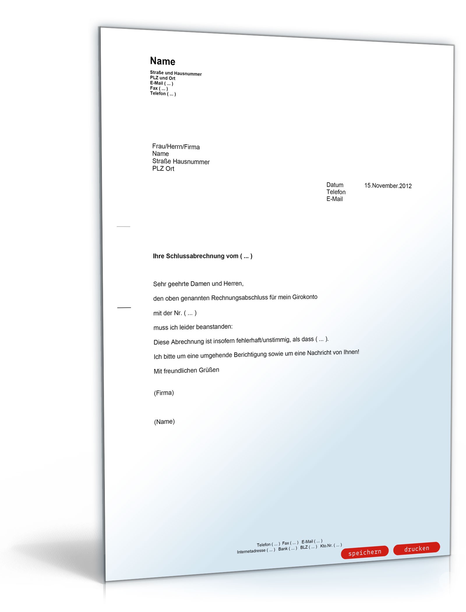 Beanstandung des Rechnungsabschlusses für ein Bankkonto PDF