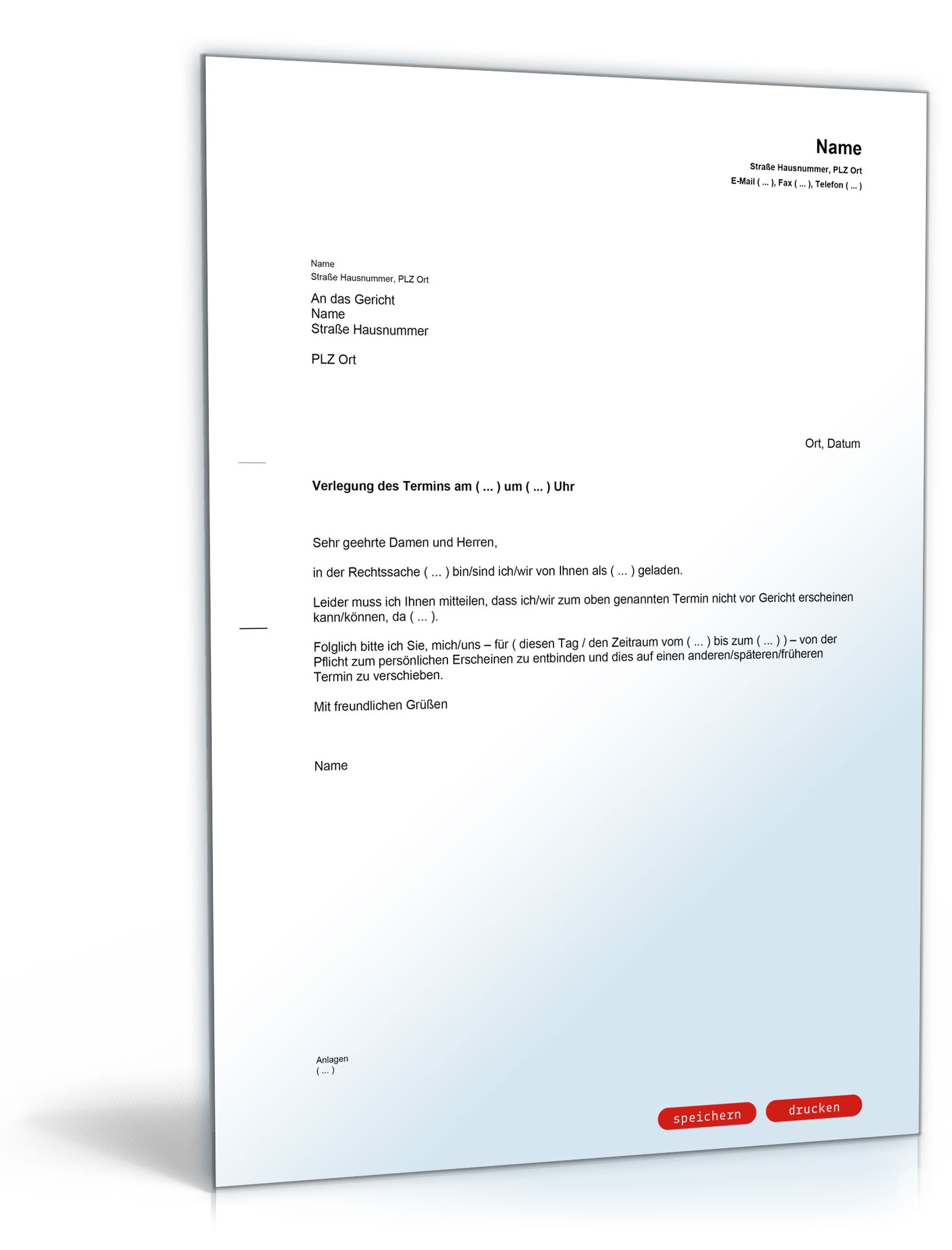 Bitte um Verlegung eines Termines bei einem Gericht PDF