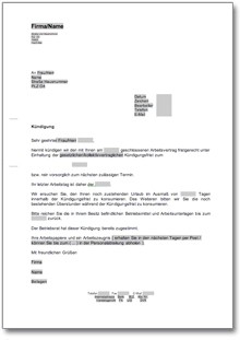 Fristgerechte Kündigung an einen Arbeitnehmer Word