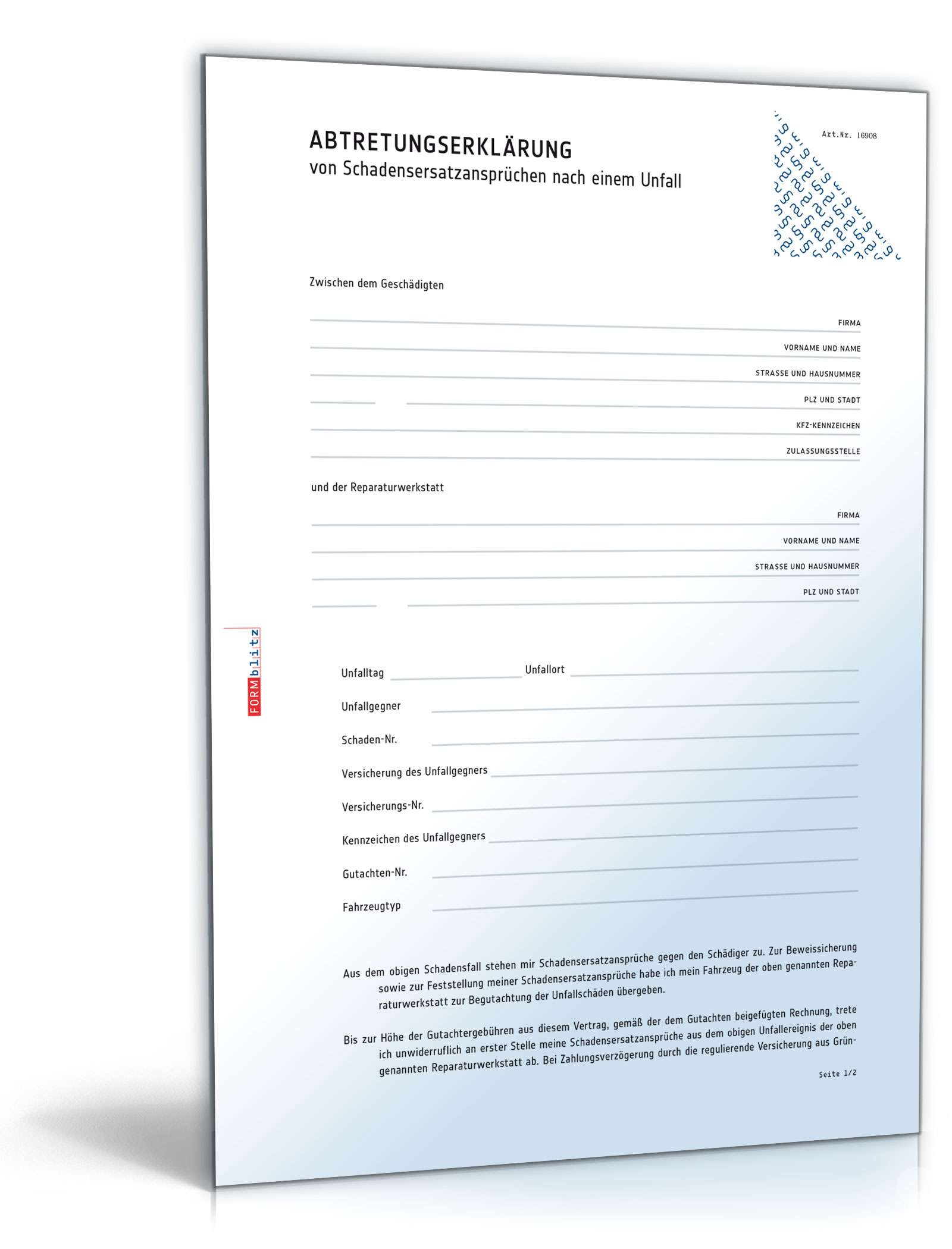 Abtretungserklärung von Schadensersatzansprüchen an eine Reparaturwerkstatt PDF