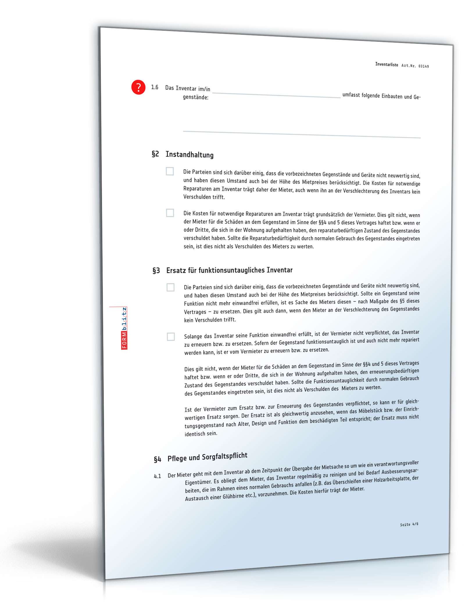 Inventarliste als Anhang zum Mietvertrag PDF. Seite: 4