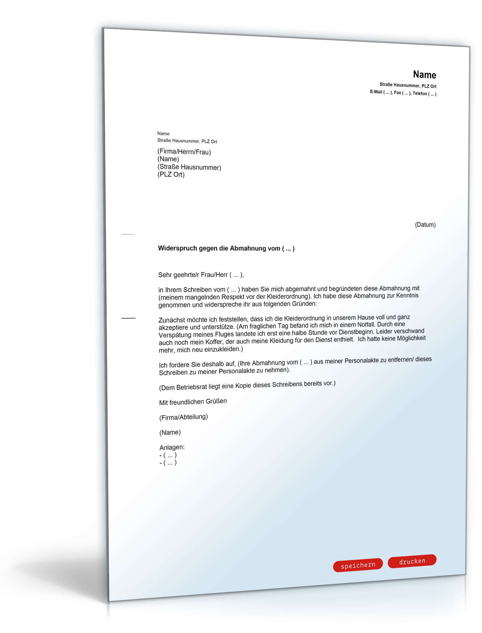 Gegendarstellung zur Abmahnung wegen unangemessener Kleidung PDF