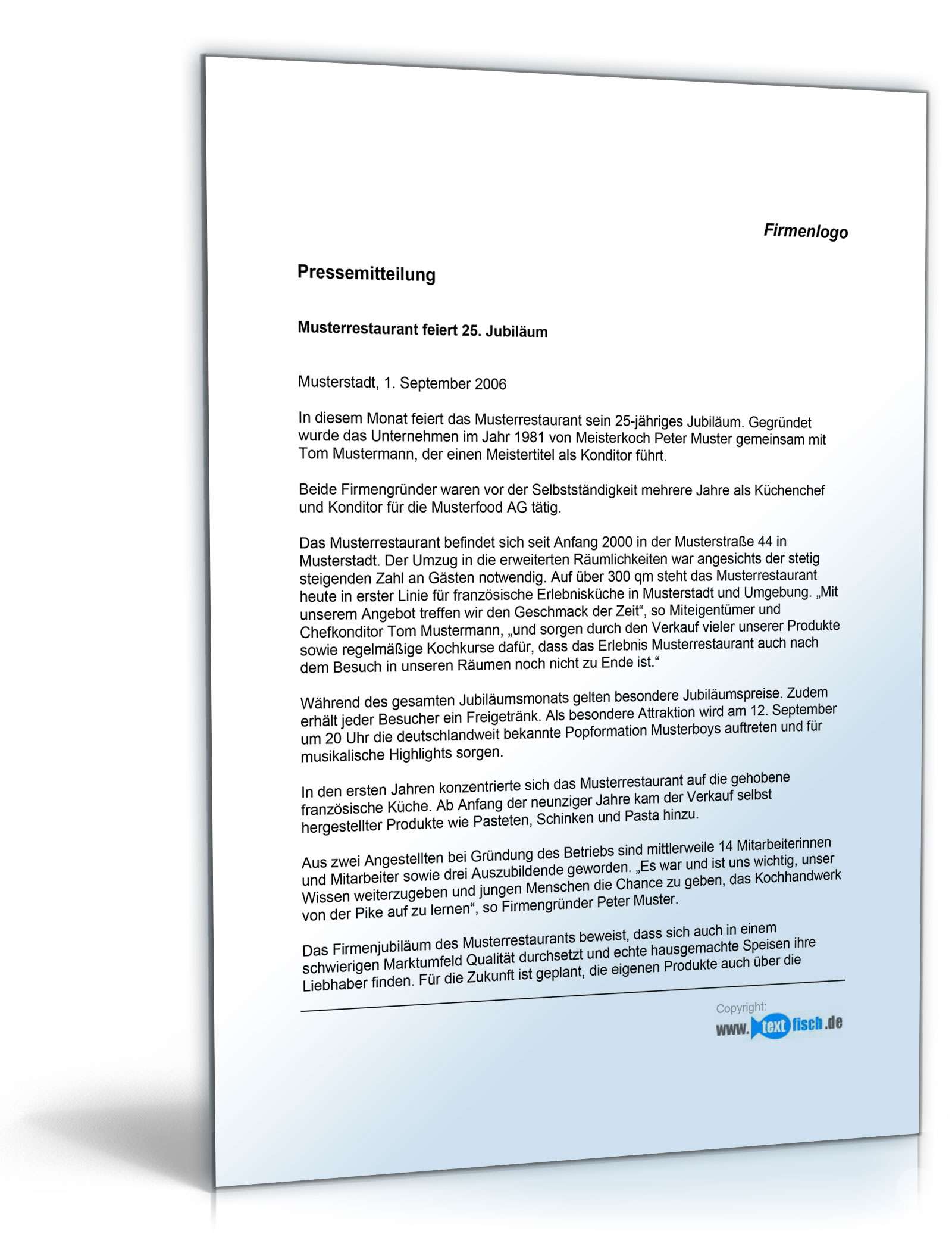 Pressemitteilung Firmenjubiläum (Restaurant)