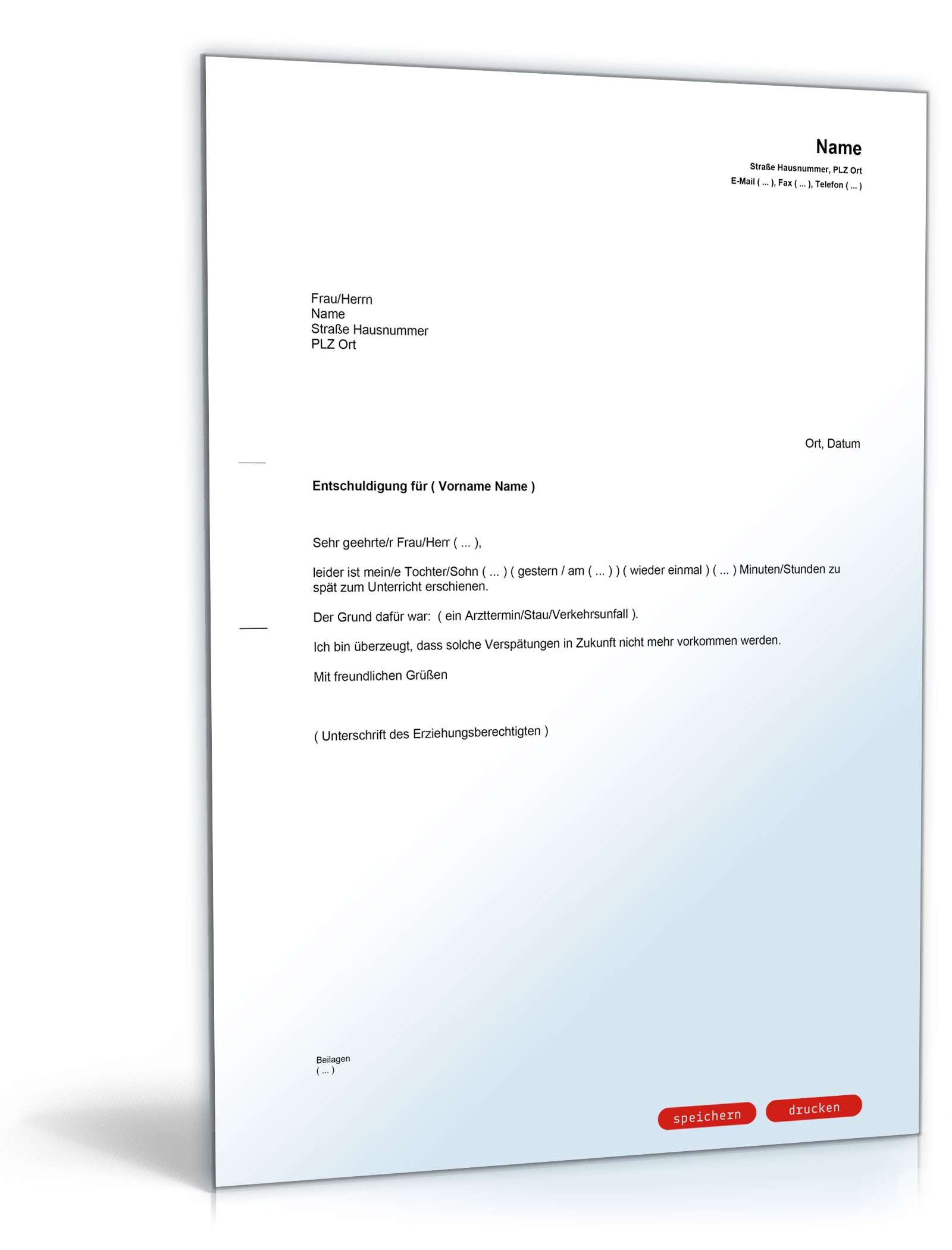 Entschuldigung an die Schule wegen Zuspätkommens PDF