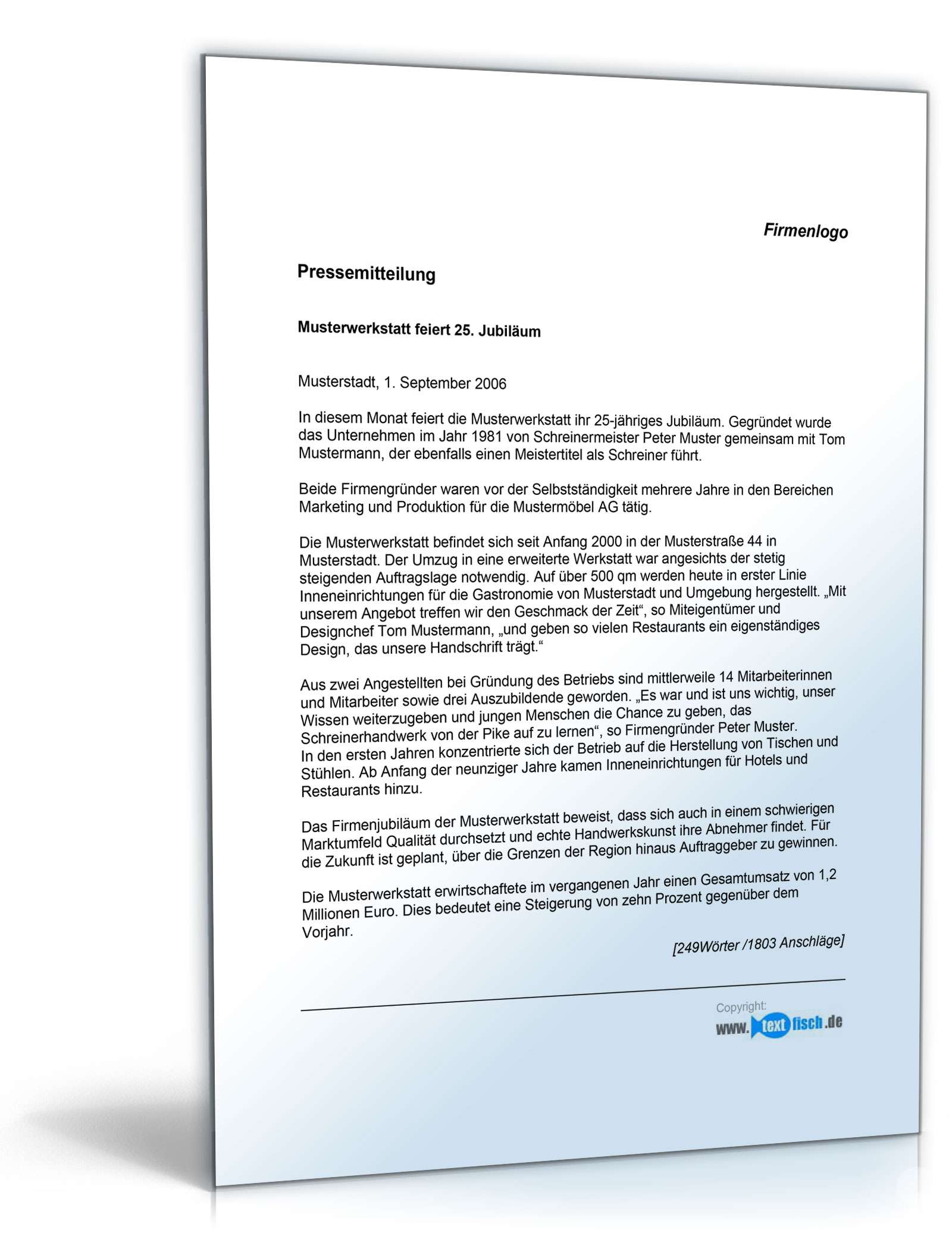 Pressemitteilung Firmenjubiläum (Handwerksbetrieb)