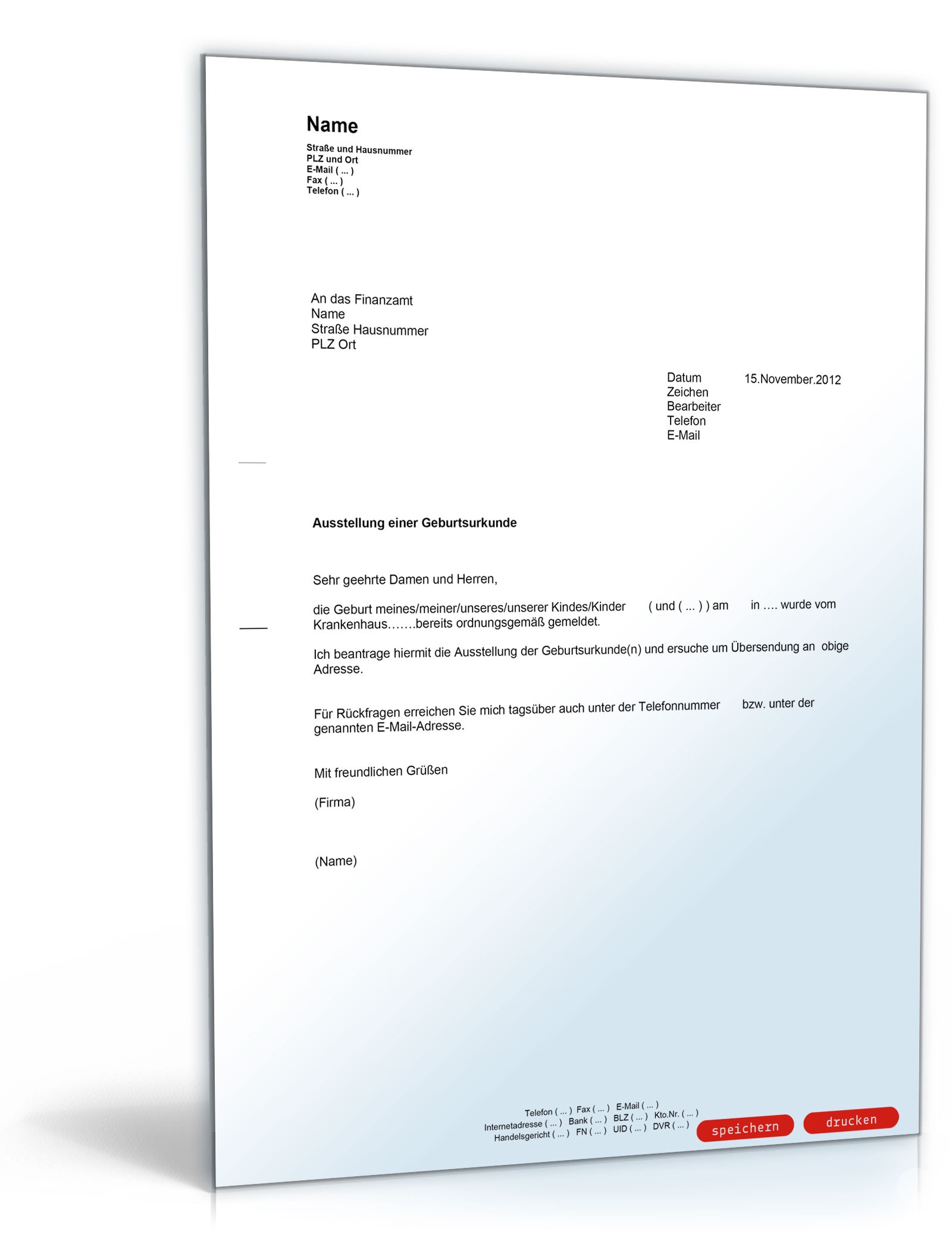 Bitte um Zusendung einer Geburtsurkunde (für ein neugeborenes Kind) PDF