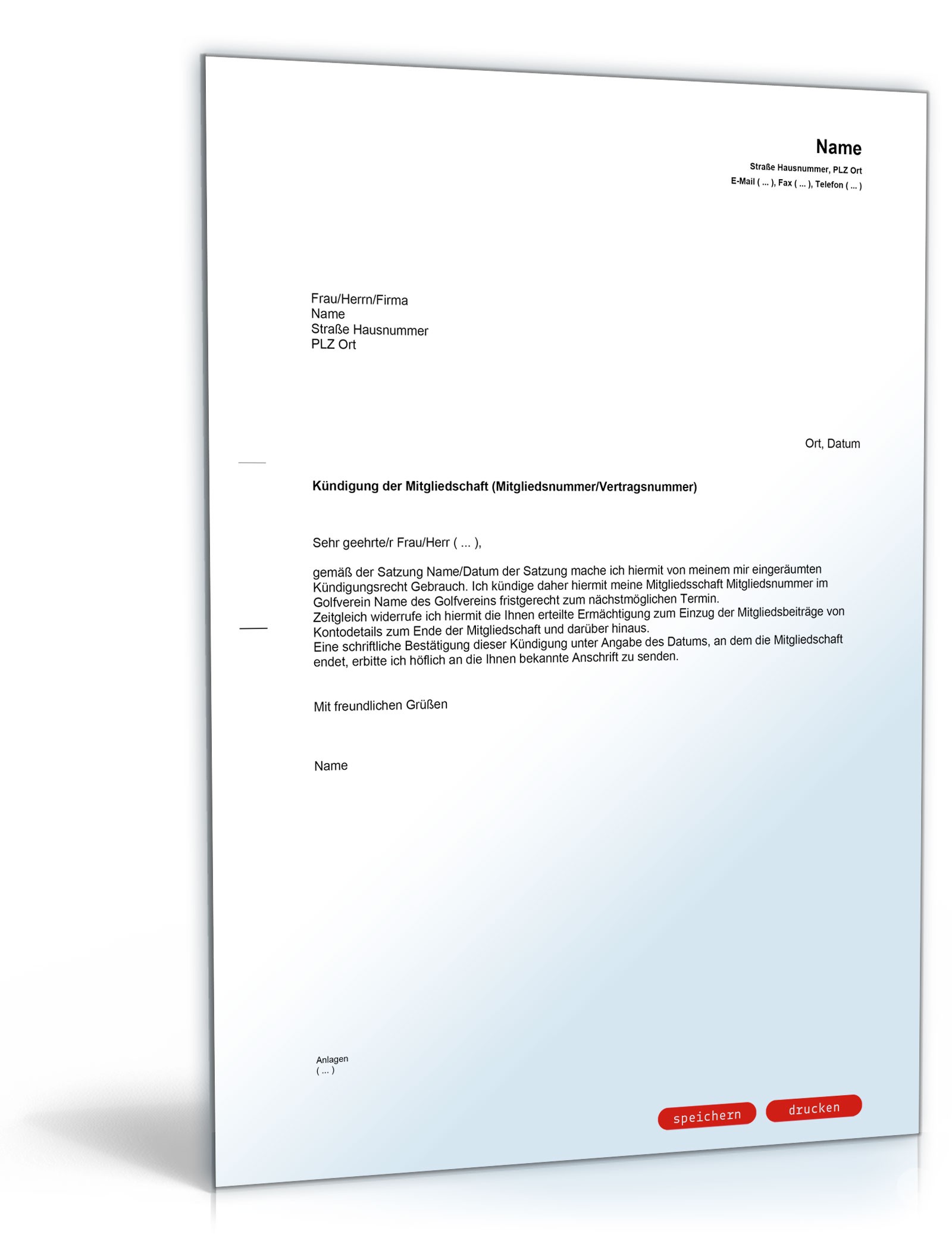 Kündigung der Mitgliedschaft in einem Golfverein PDF