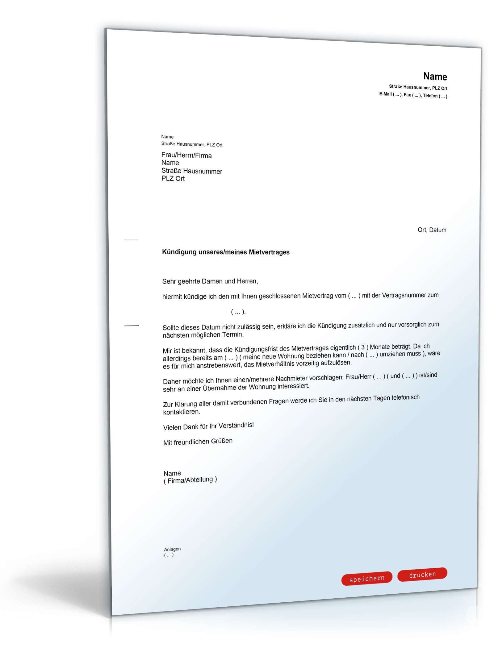 Kündigung Mietvertrag (Mieter, Nachmieterangebot) PDF