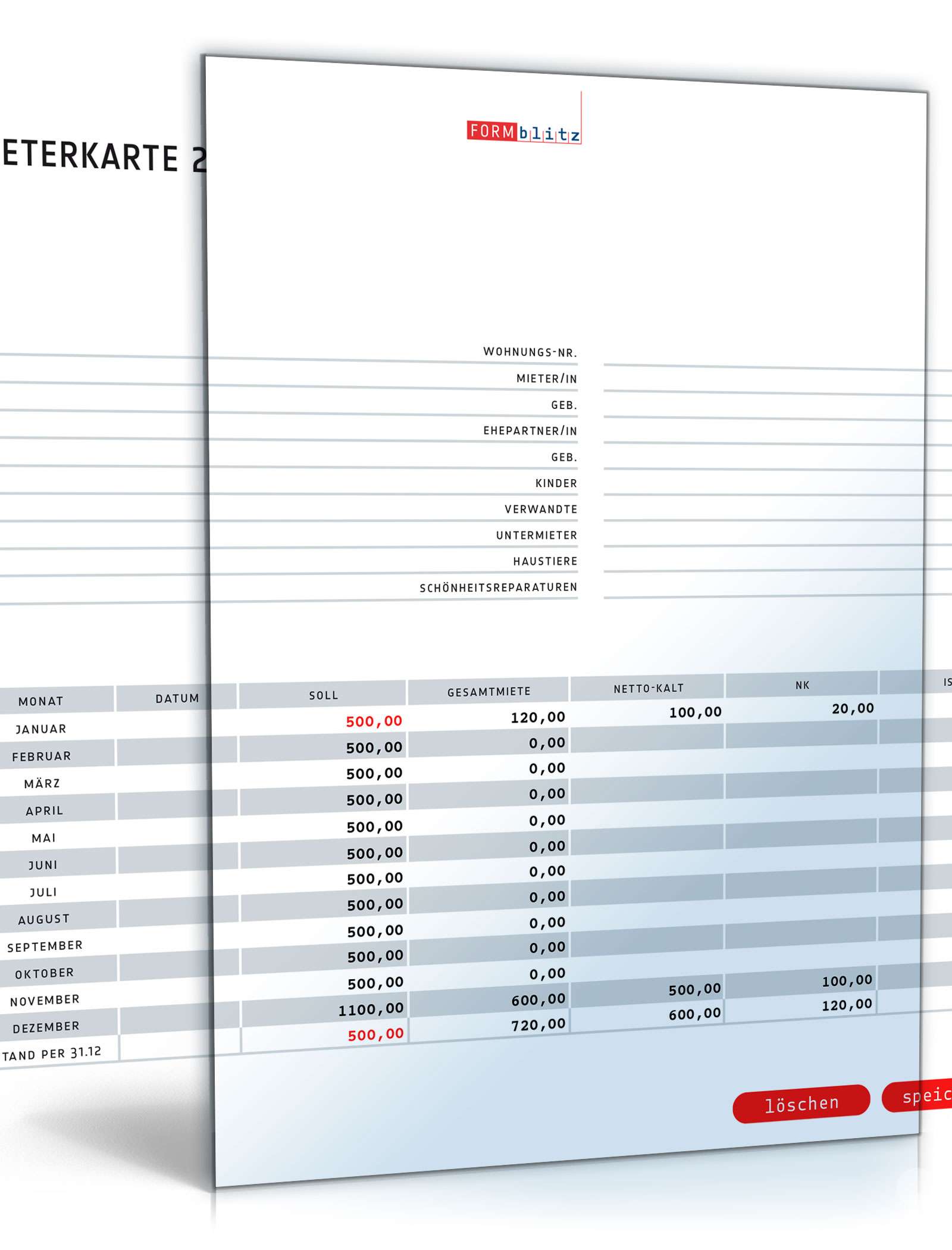 Mieterkarte / Mieterkartei PDF. Seite: 2