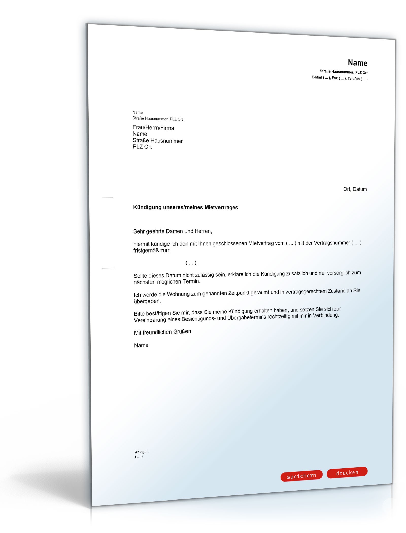 Kündigung Mietvertrag (fristgemäß, Mieter) PDF