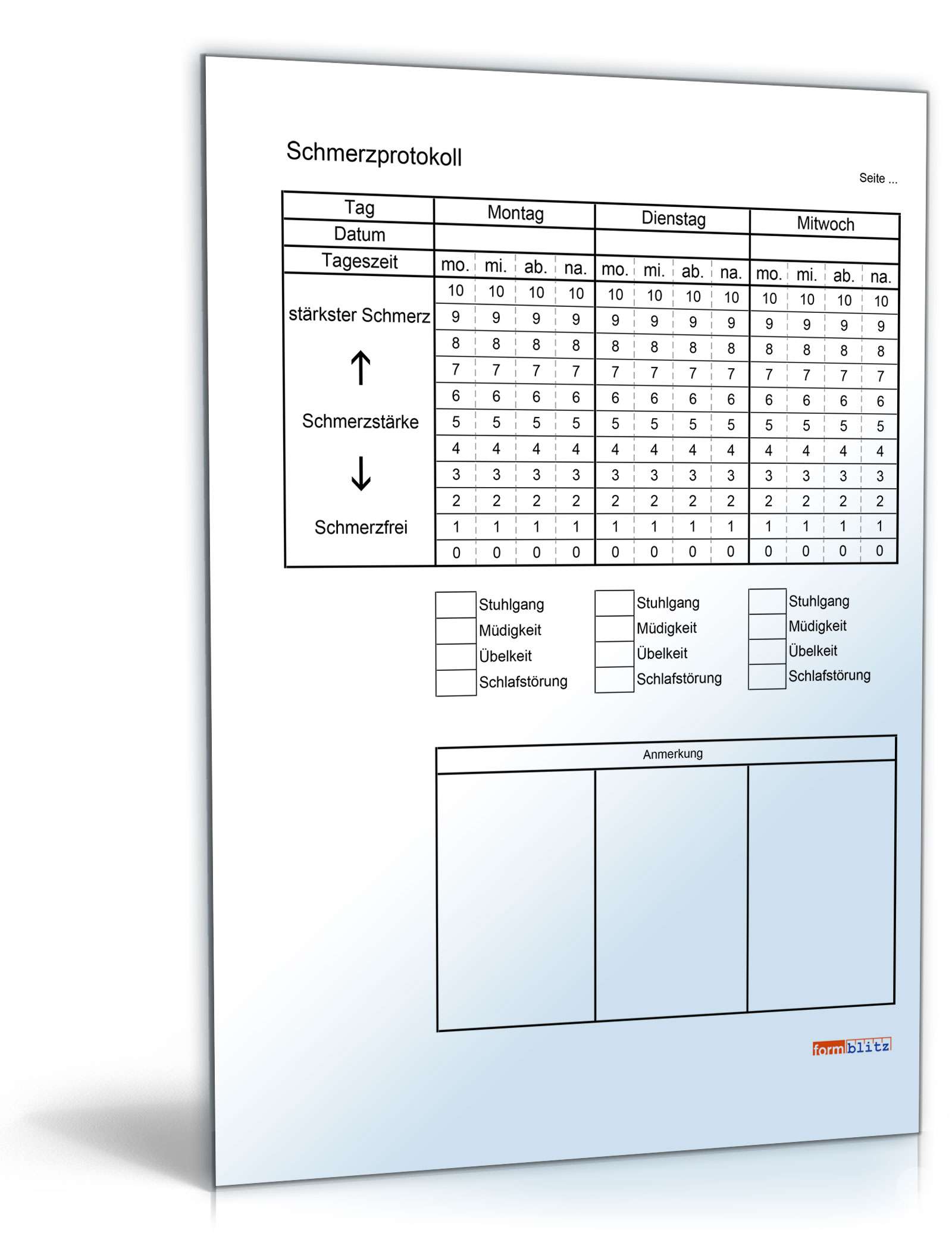 Schmerztagebuch (für eine Woche) PDF. Seite: 3
