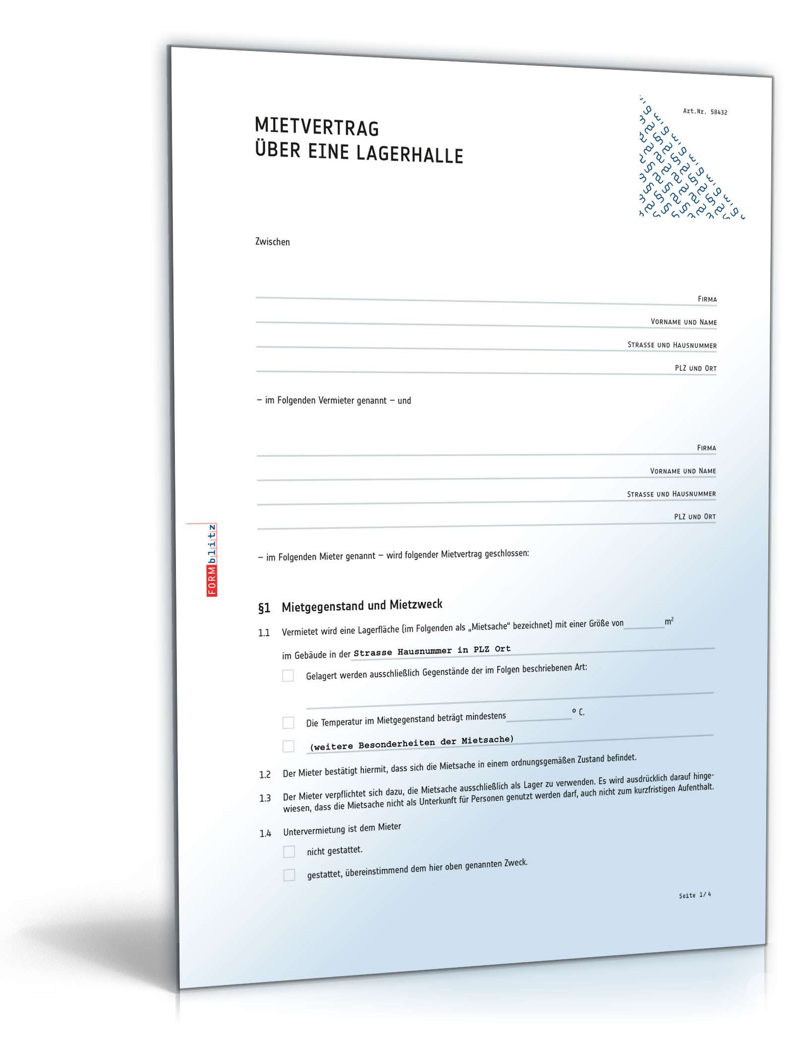 Mietvertrag über eine Lagerhalle Word