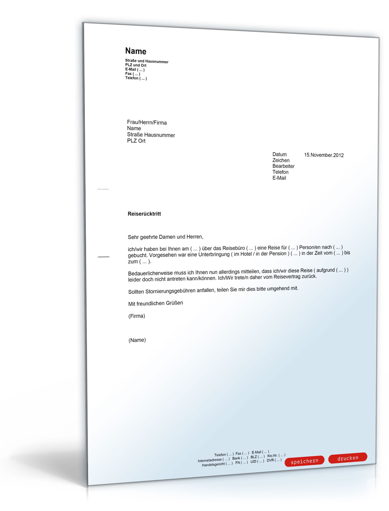 Reiserücktrittserklärung (ohne Reiserücktrittskostenversicherung) PDF