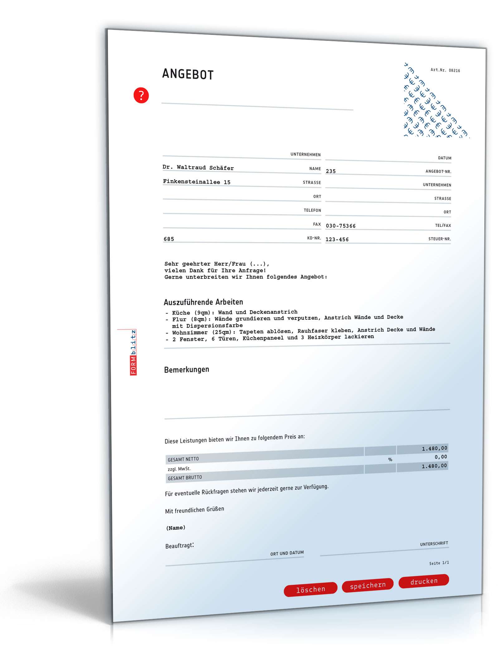 Angebot eines Malerbetriebs (pauschal)
 PDF