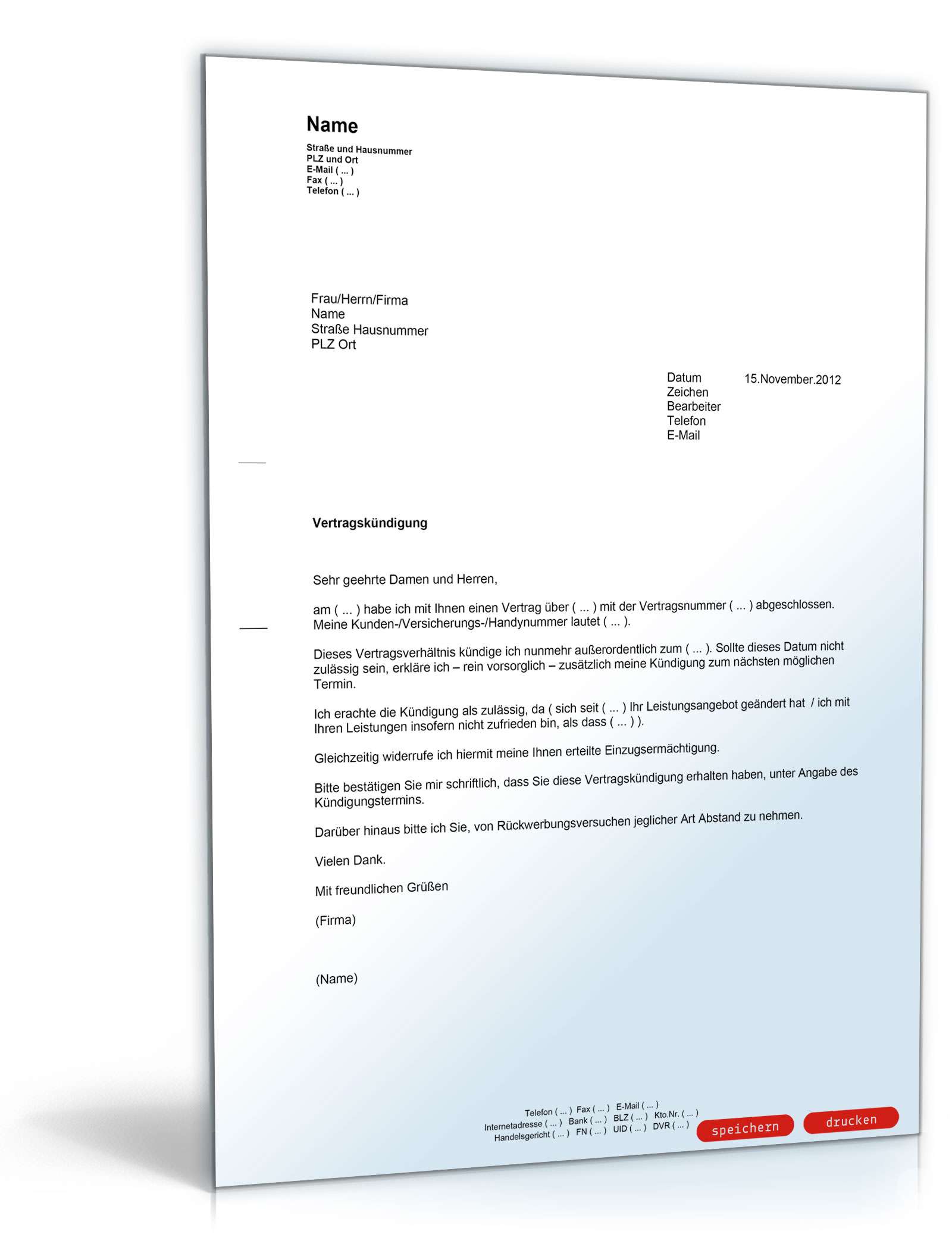 Kündigung Vertrag (fristlos) PDF