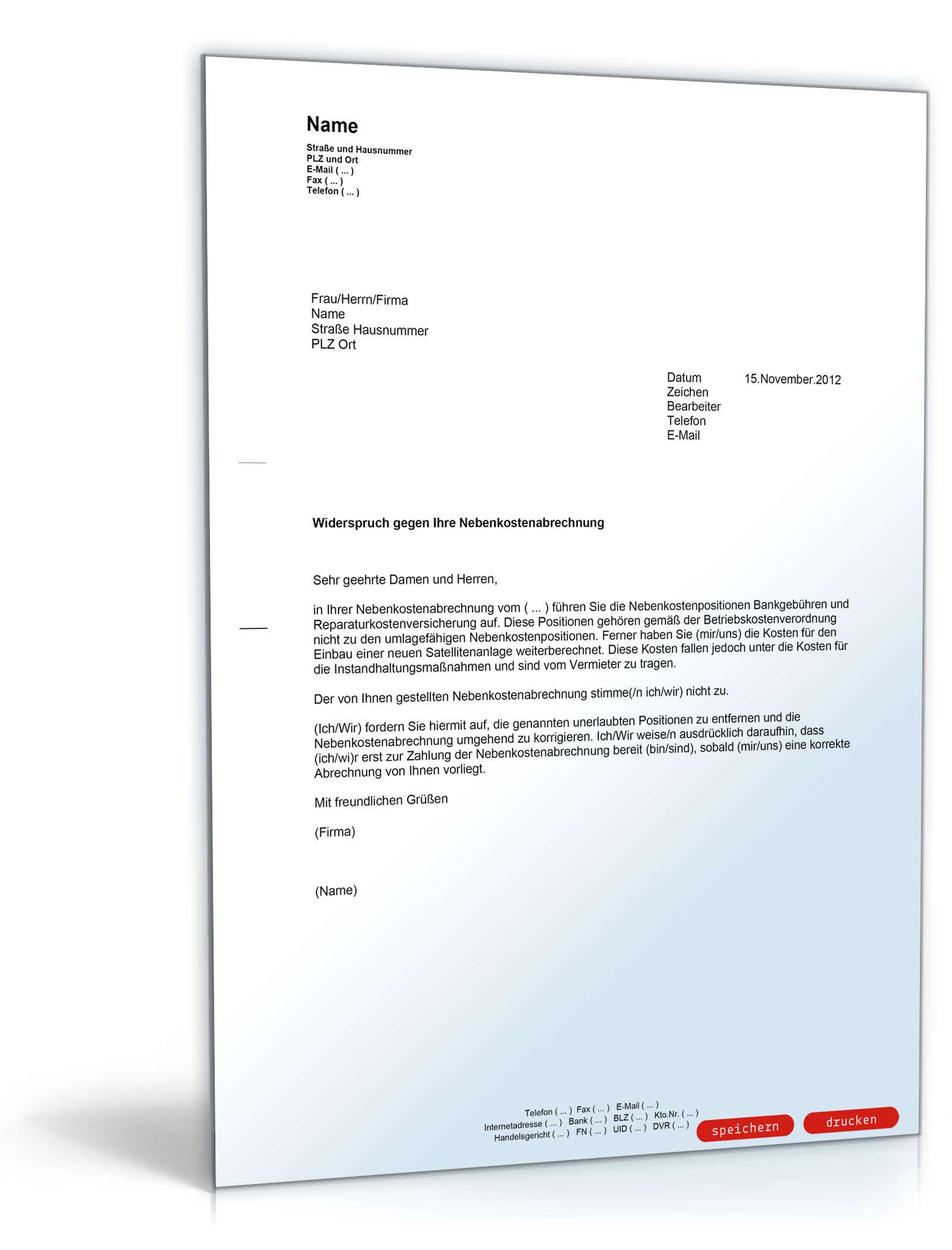 Widerspruch gegen die Nebenkostenabrechnung PDF