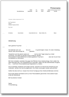 Abmahnung wegen Nichterscheinens am Arbeitsplatz nach dem Urlaub Word