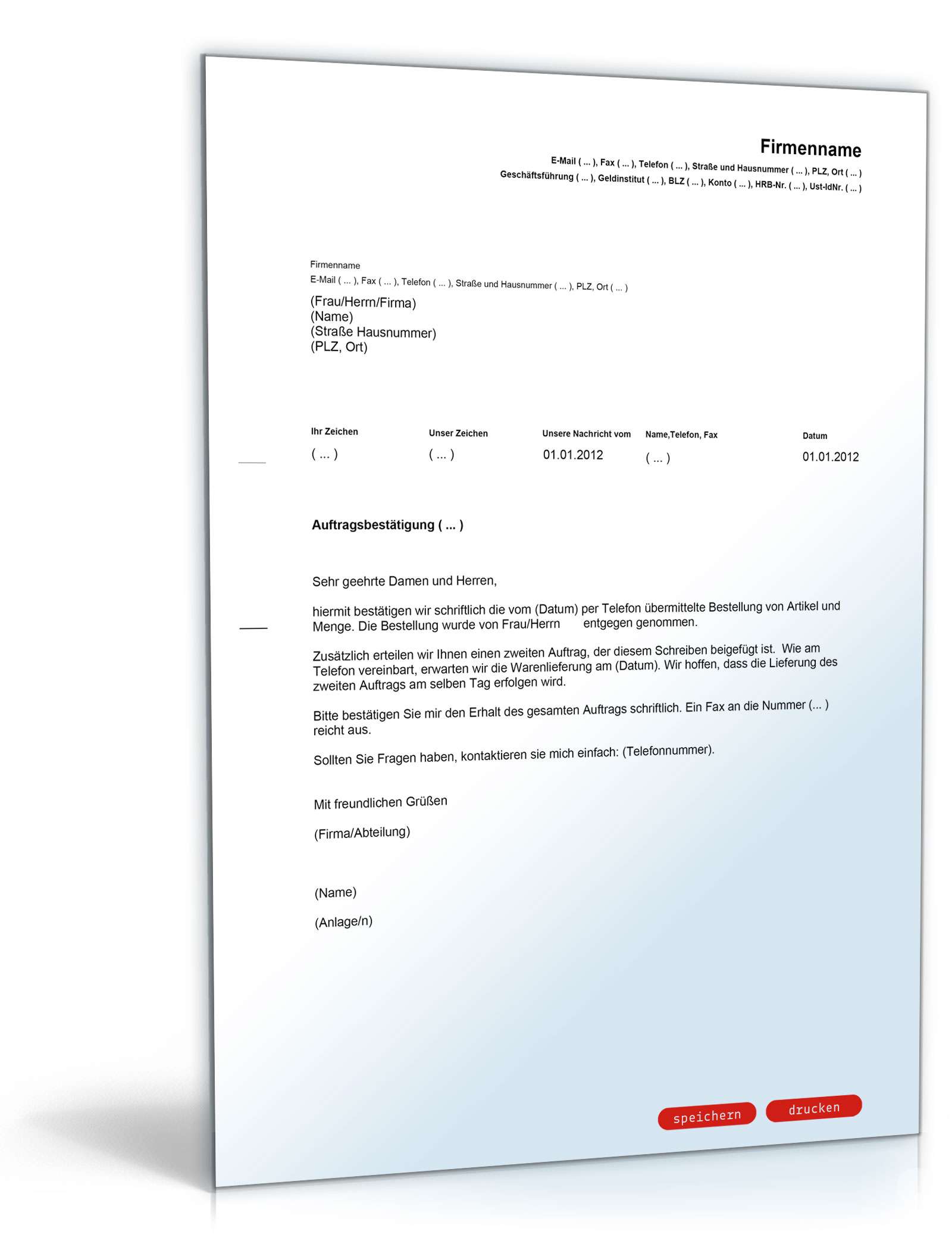 Bestätigung eines telefonischen Auftrags PDF