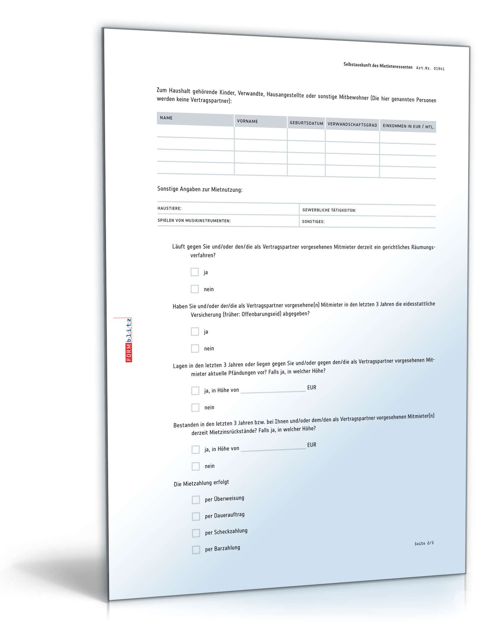 Selbstauskunft eines Mietinteressenten PDF. Seite: 2