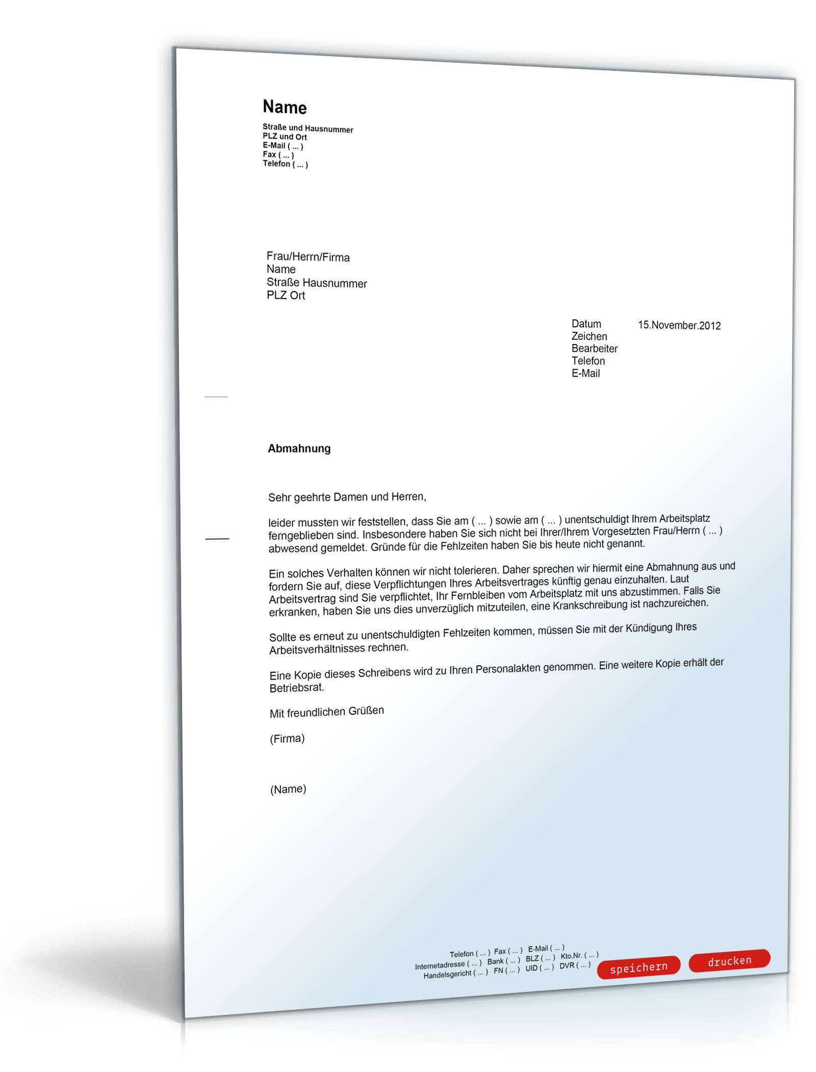 Abmahnung wegen unentschuldigten Fehlens PDF