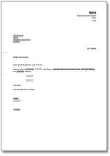 Geburtsanzeige beim Standesamt Word