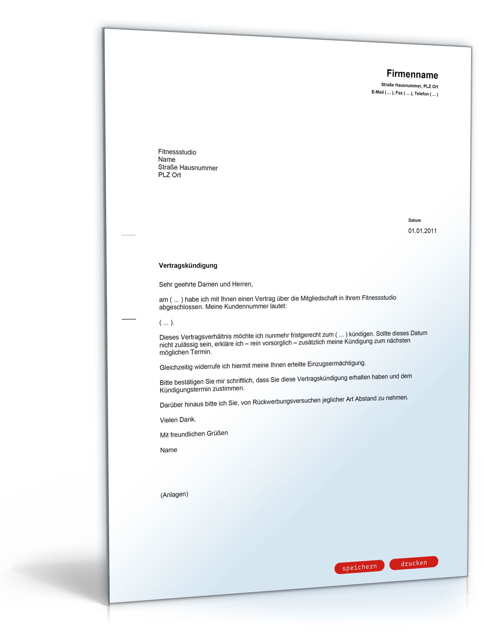 Kündigung Vertrag Fitnessstudio (fristgemäß) PDF