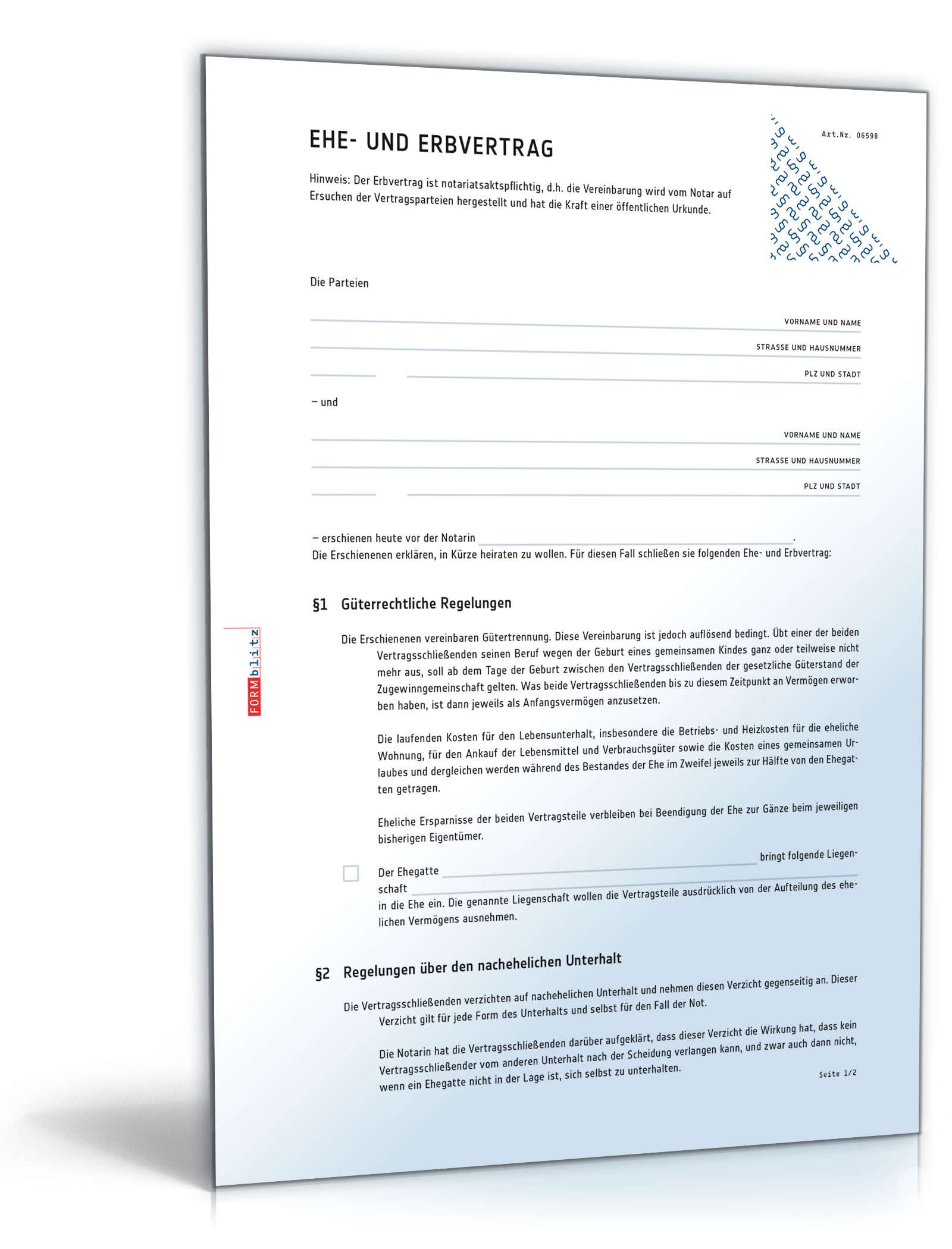 Ehe- und Erbvertrag mit anfänglicher Gütertrennung PDF