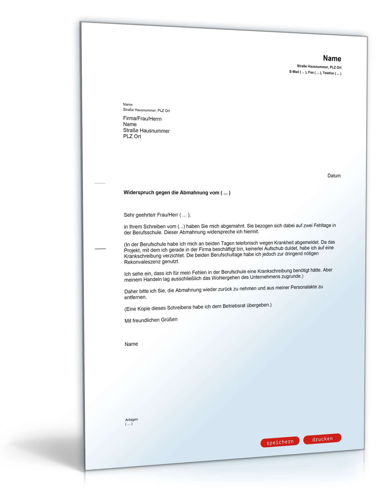 Gegendarstellung zur Abmahnung eines Auszubildenden PDF