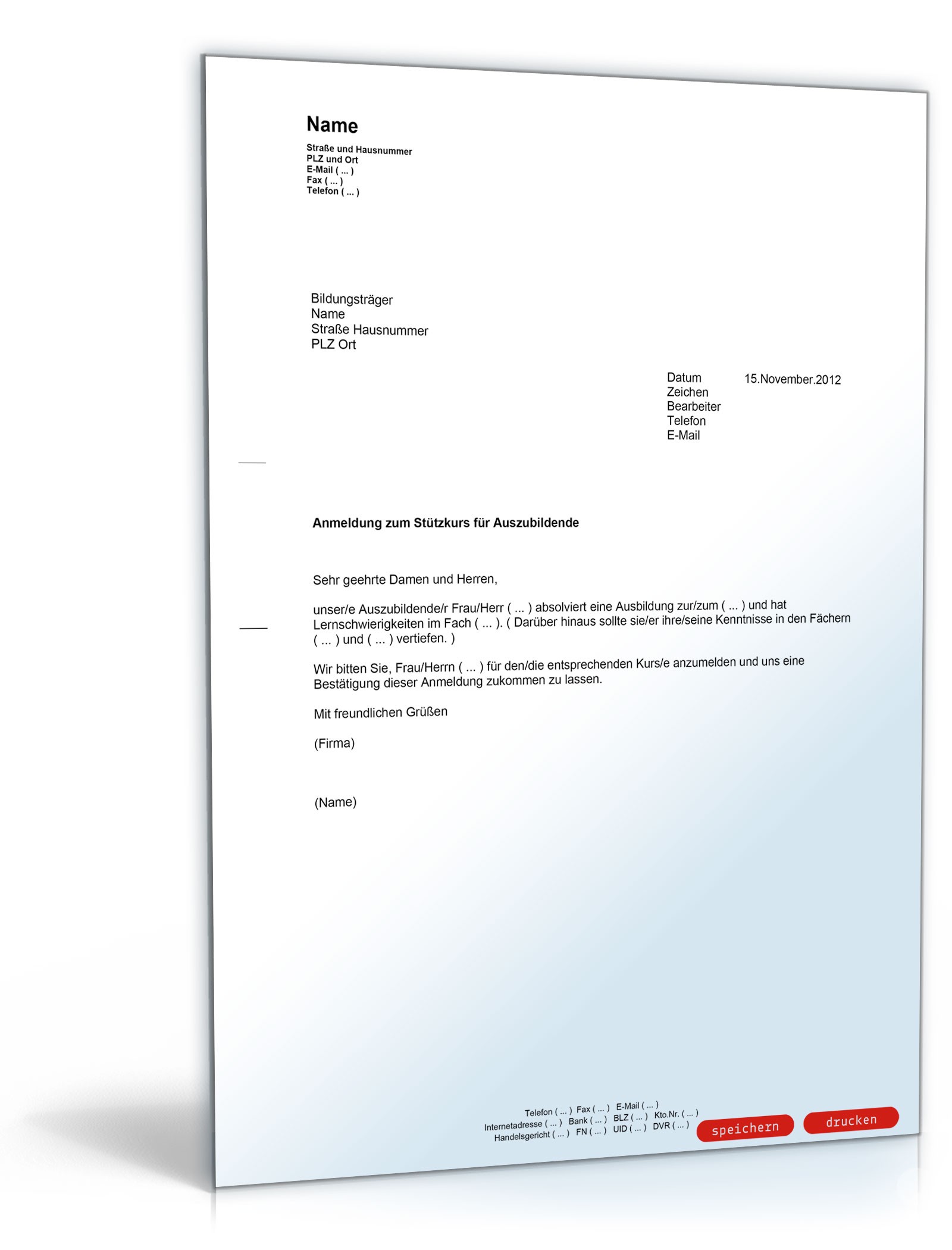 Anmeldung eines Auszubildenden im Ausbildungsberuf zum Stützkurs PDF