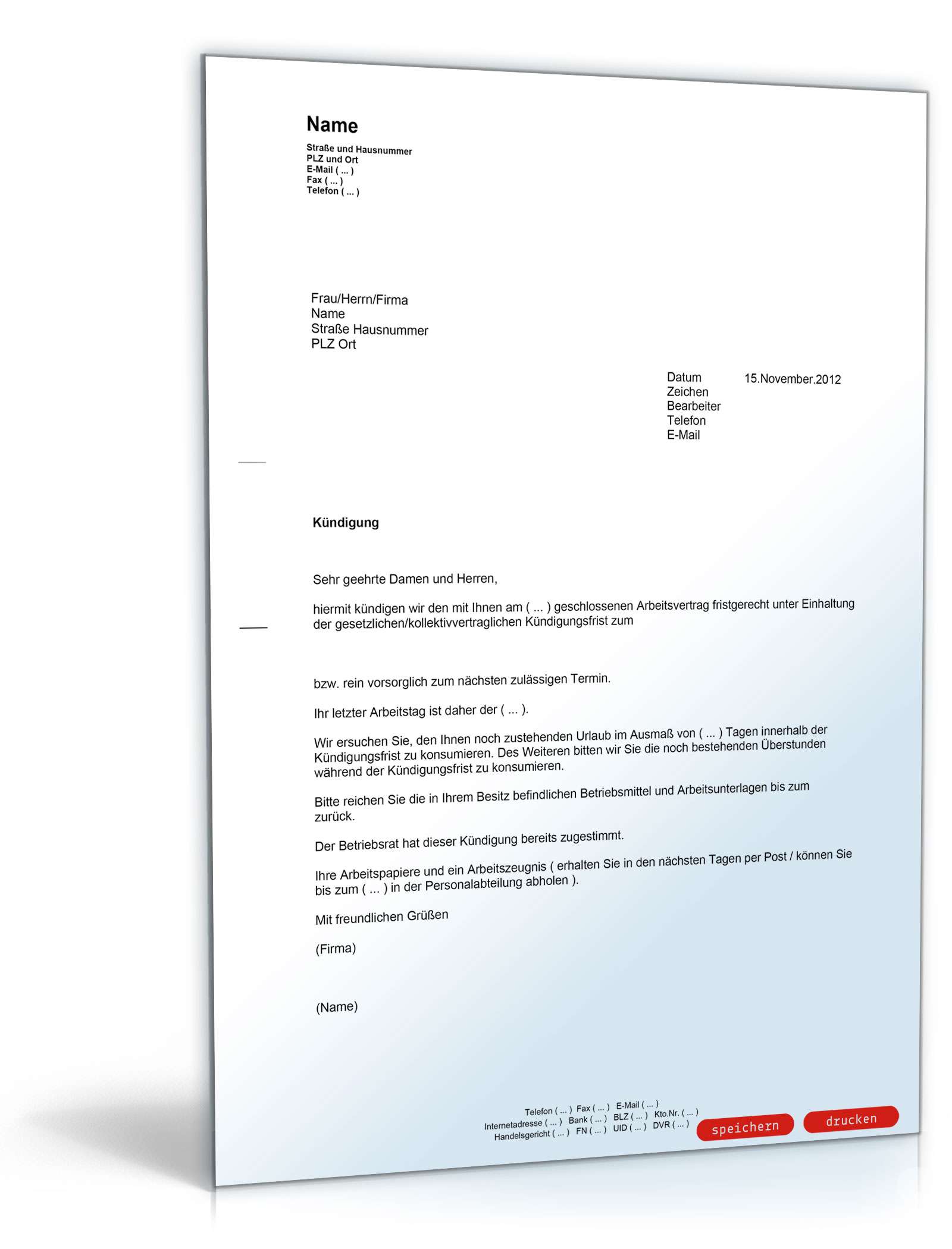 Fristgerechte Kündigung an einen Arbeitnehmer PDF