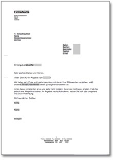 Absage eines Angebotes wegen eines günstigeren Mitbewerbers Word