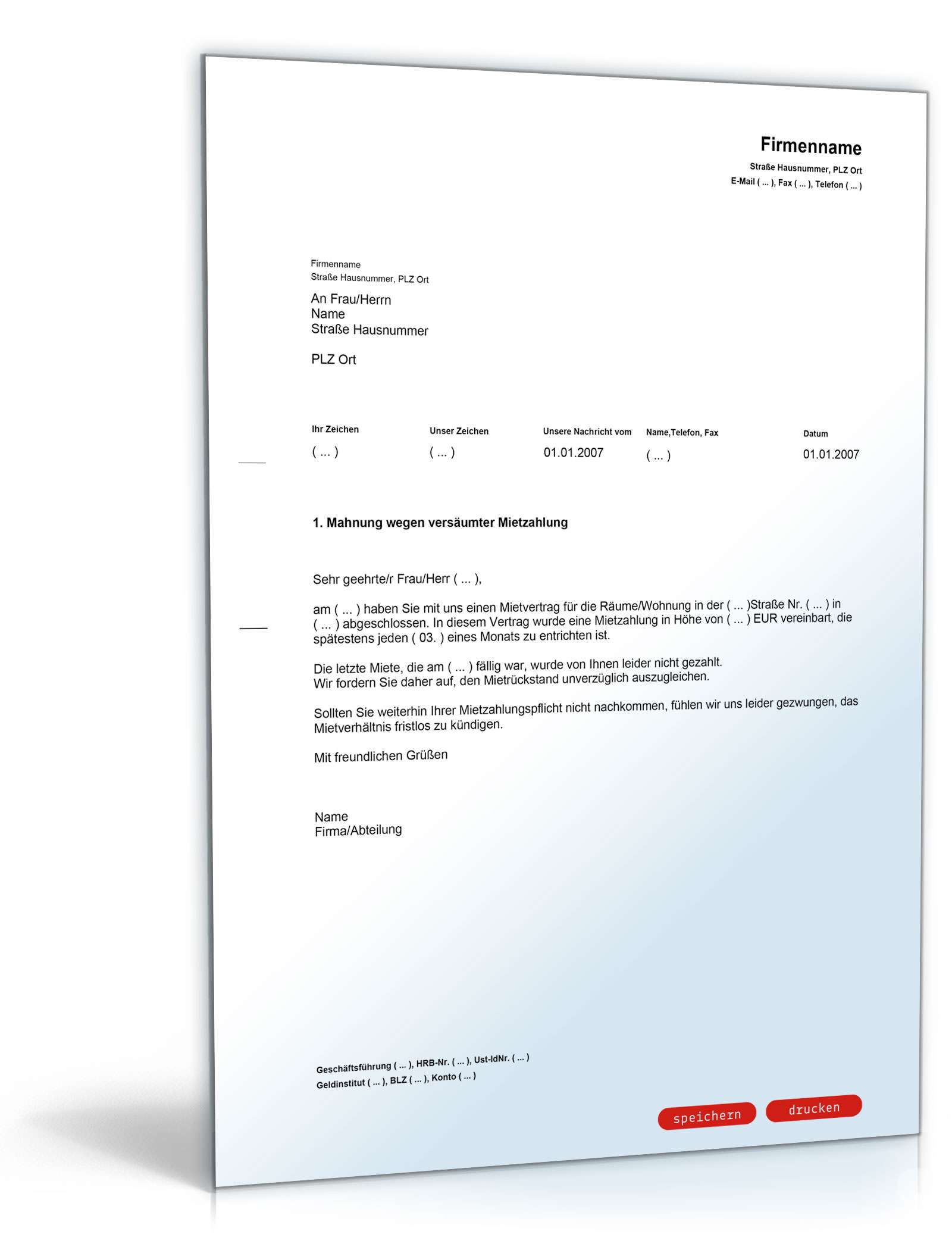 Mahnung wegen Versäumnis pünktlicher Mietzahlung PDF