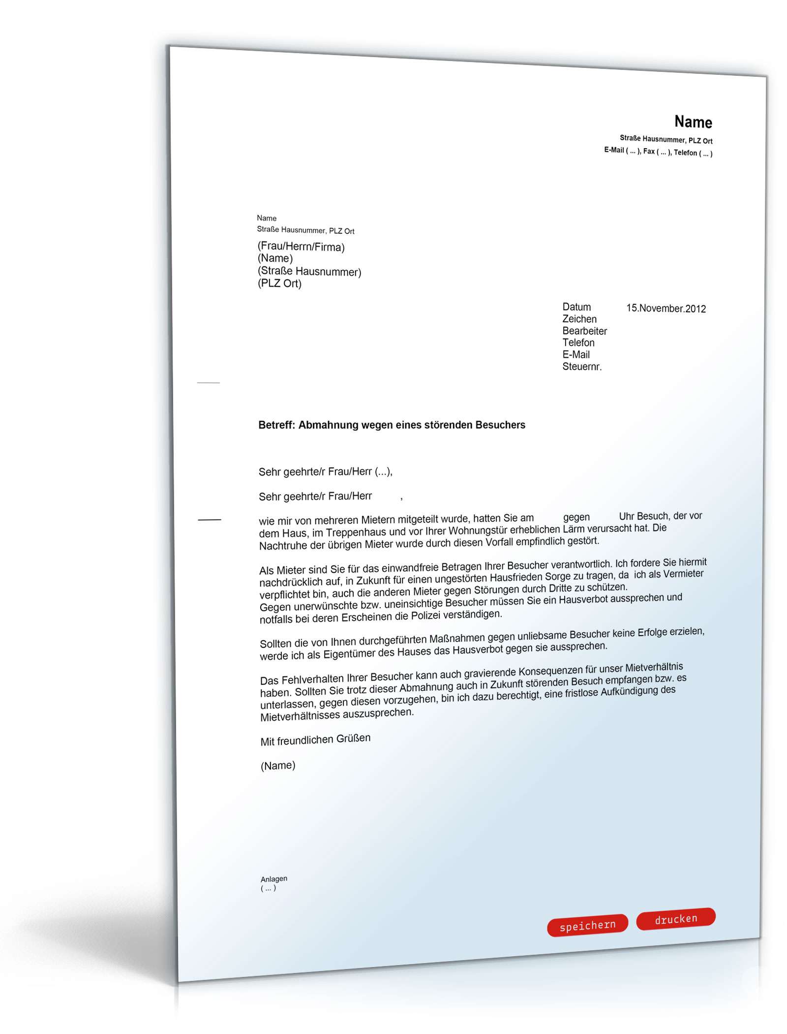 Abmahnung eines Mieters wegen störender Besucher PDF