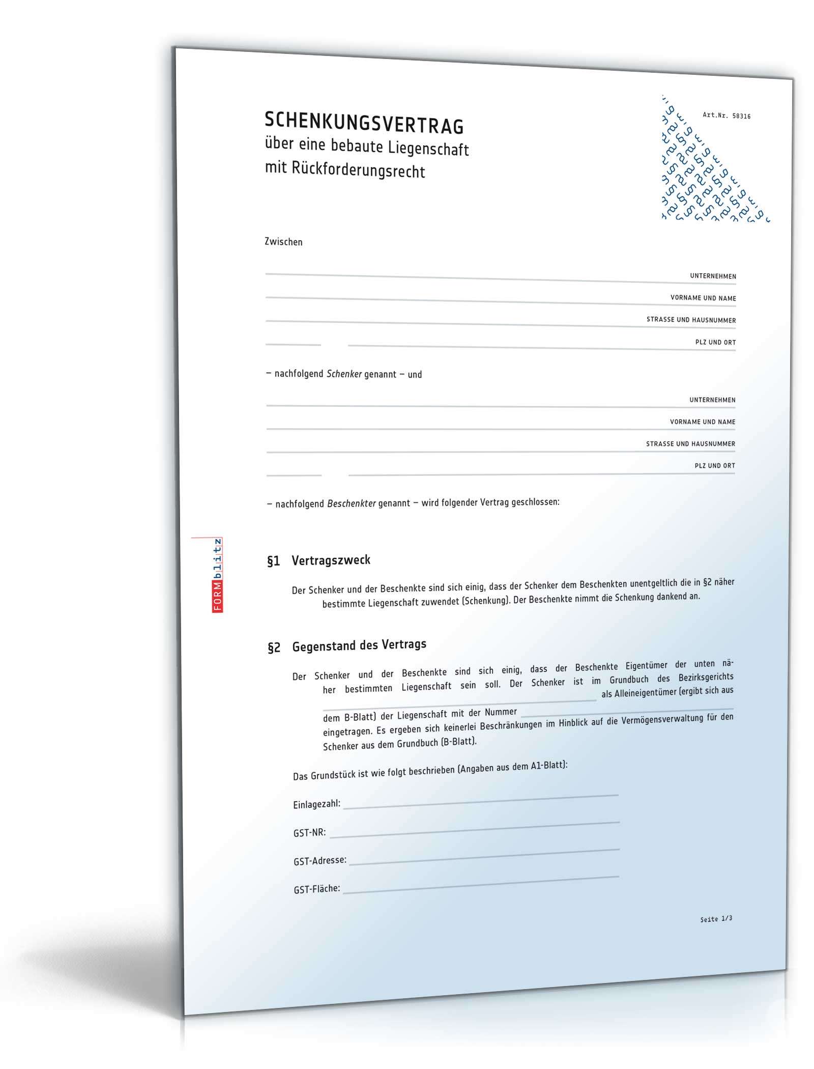 Schenkungsvertrag über eine bebaute Liegenschaft mit Rückforderungsrecht PDF