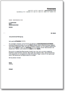 Beanstandung an eine Reinigungsfirma Word