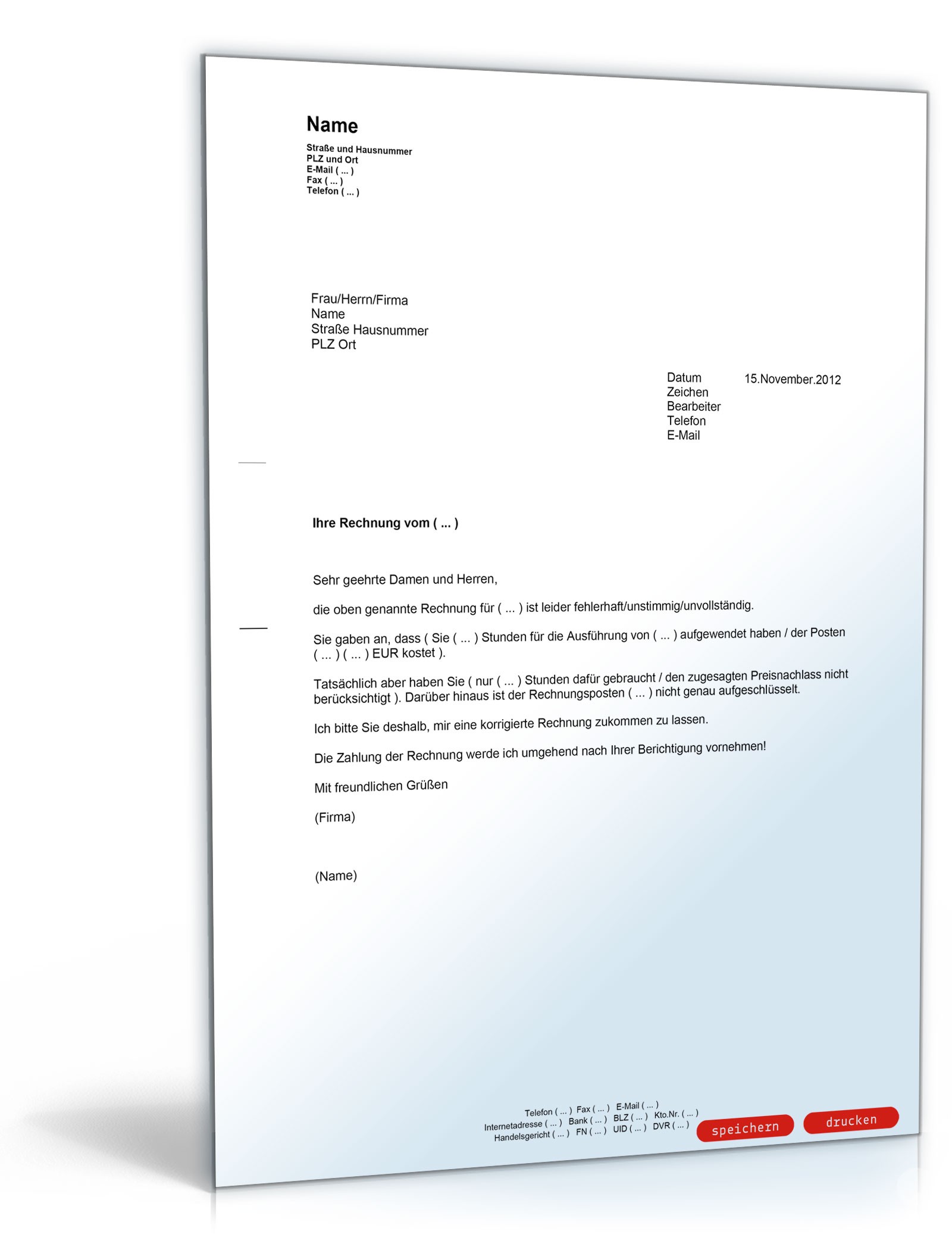 Aufforderung zur Korrektur einer überhöhten / fehlerhaften Rechnung PDF