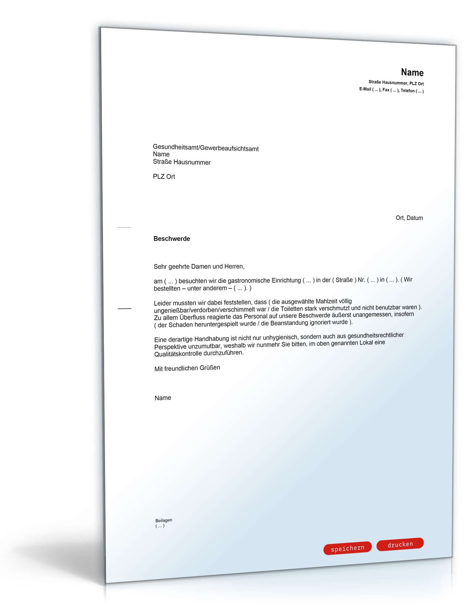 Beschwerde über eine Gaststätte wegen Gefährdung der Gesundheit PDF