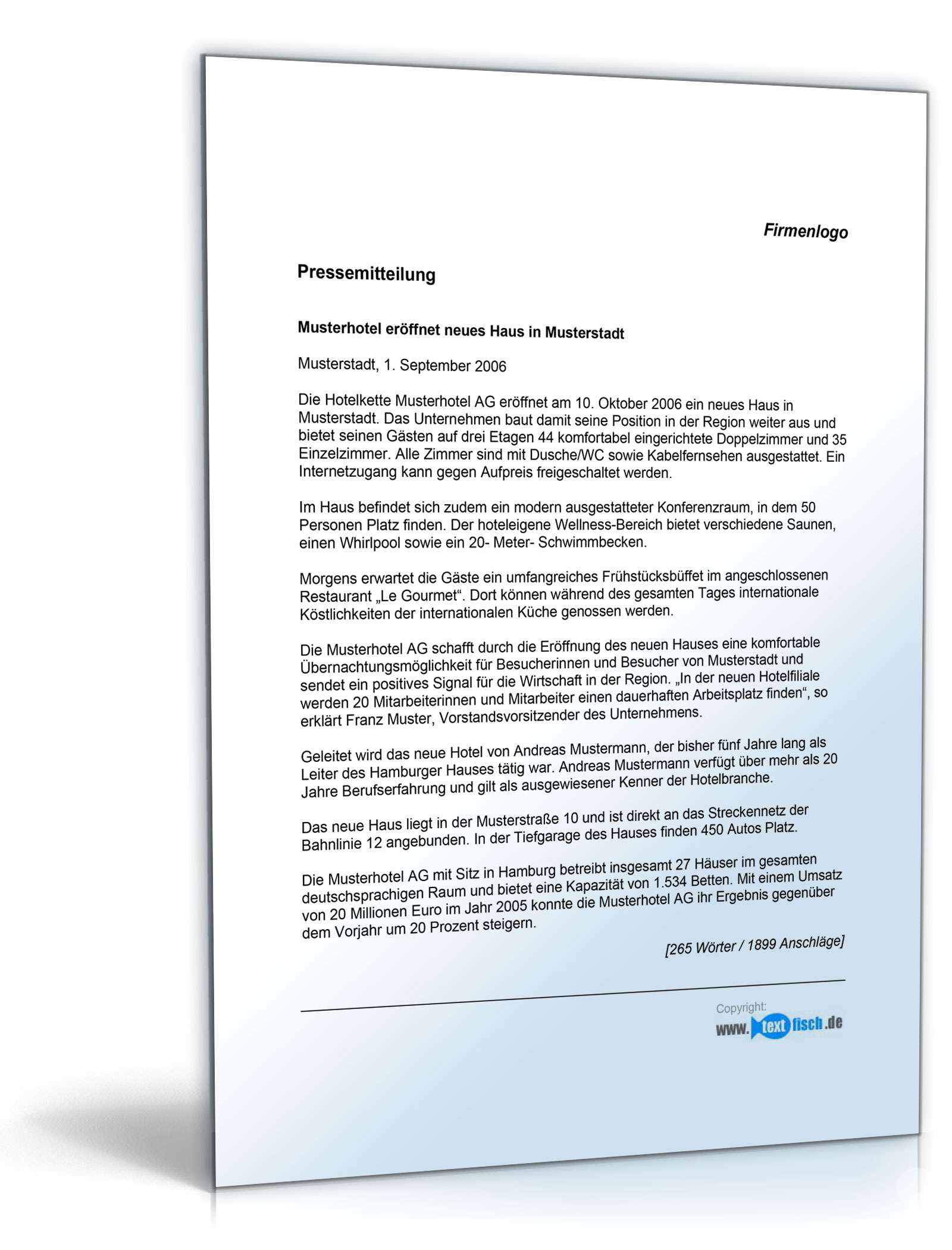 Pressemitteilung über die Eröffnung einer Filiale (Hotel) PDF