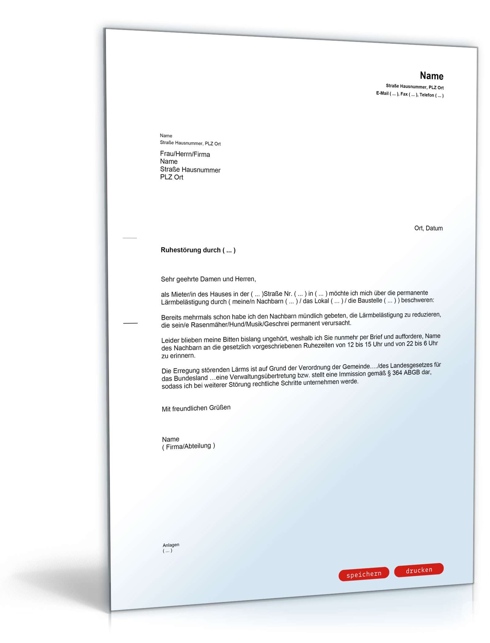 Beschwerde beim Vermieter über Ruhestörung durch Nachbarn PDF