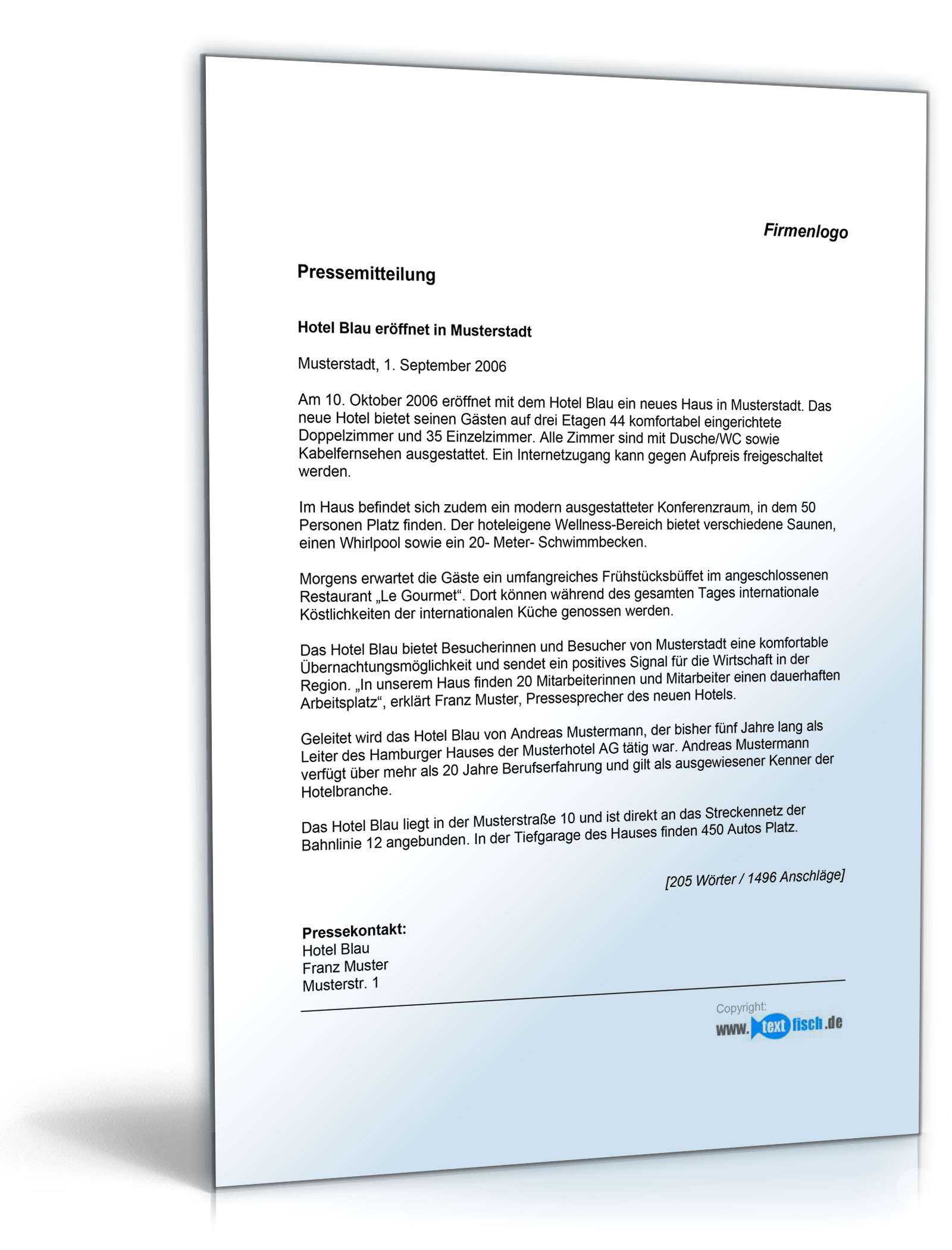 Pressemitteilung zur Eröffnung eines Hotels