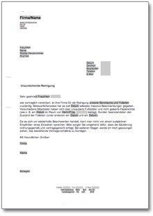 Beanstandung an eine Reinigungsfirma Word