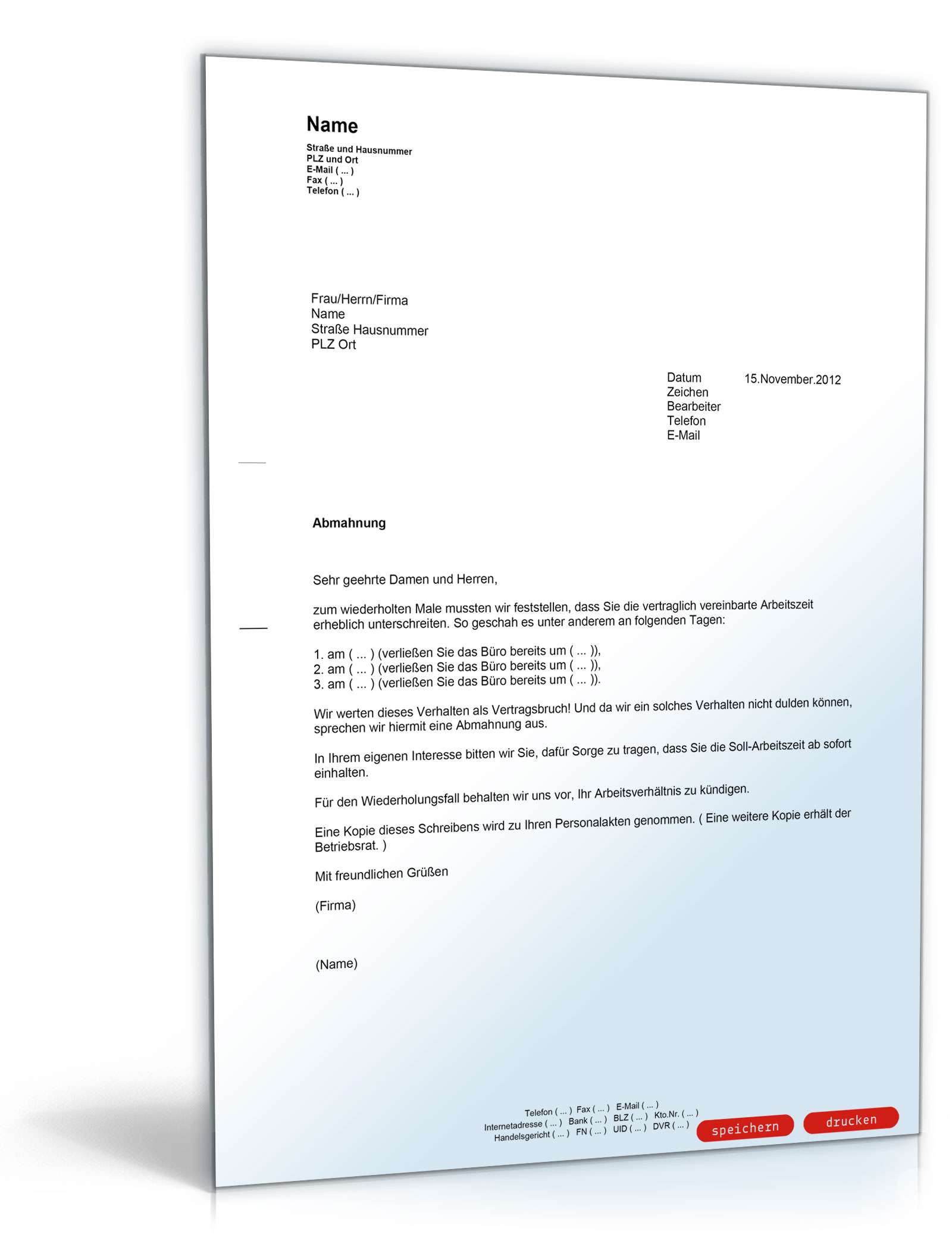 Abmahnung wegen Unterschreitens der Arbeitszeit PDF